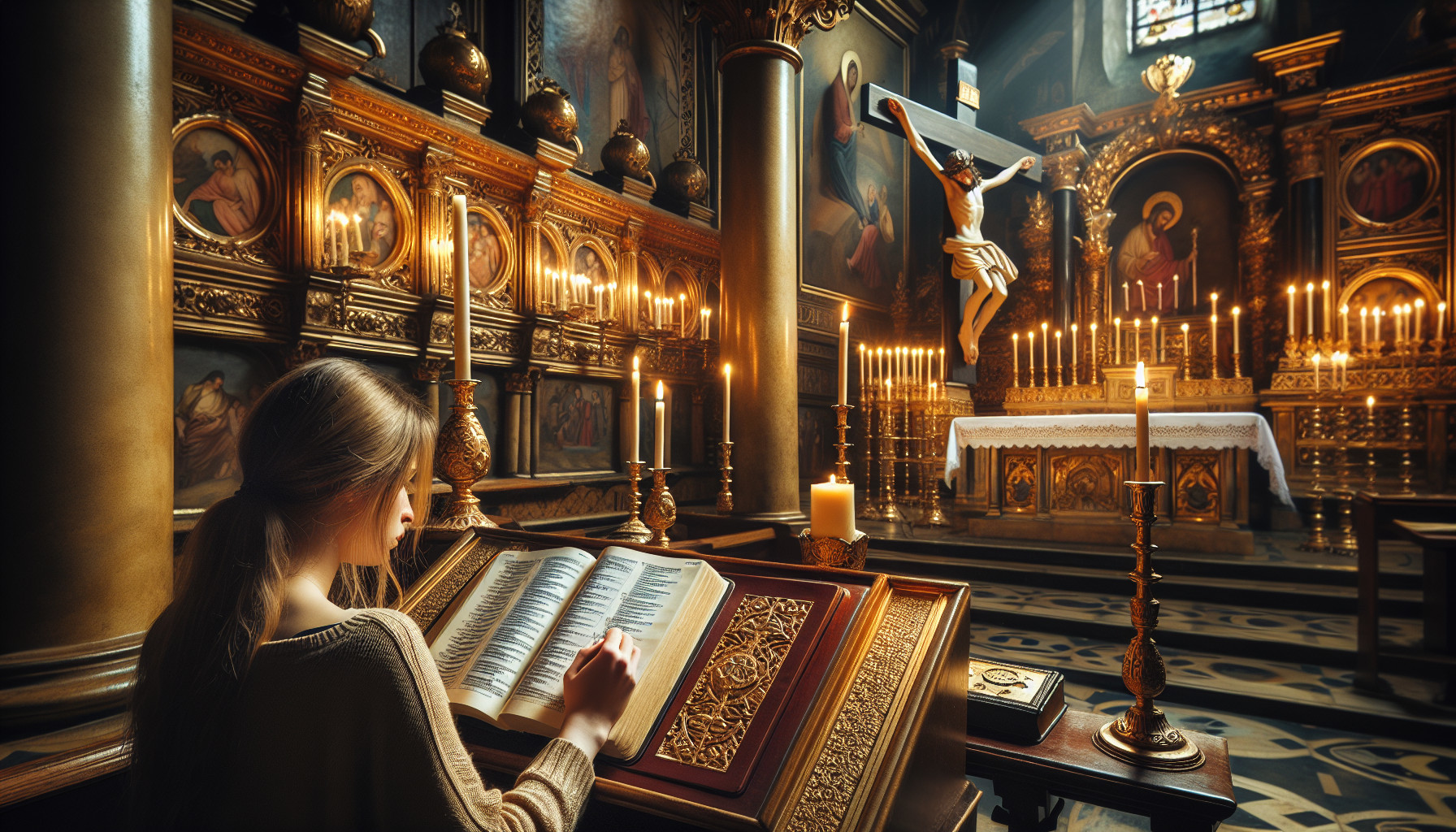 Serene Church Interior with Young Woman Studying