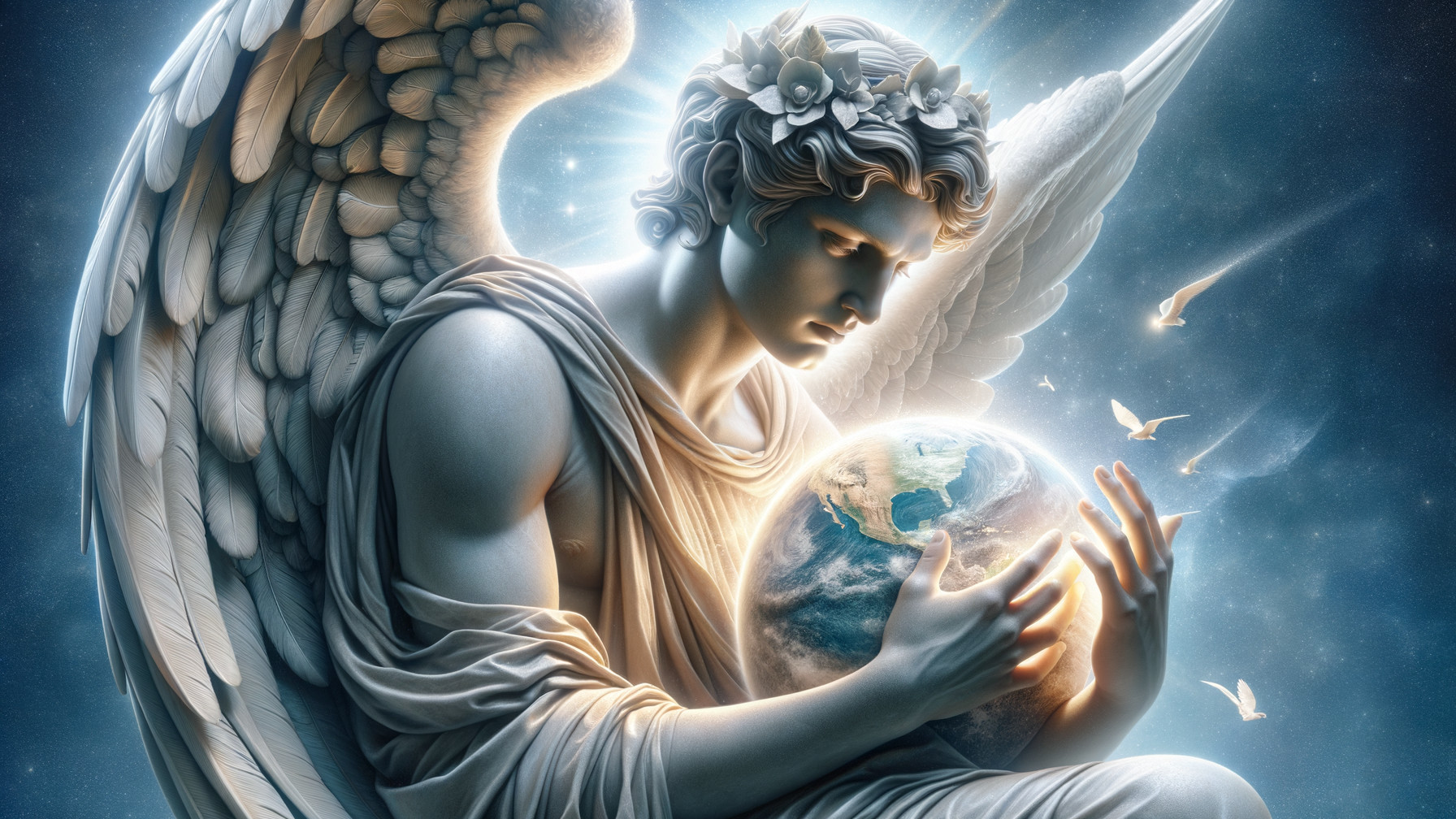 Ethereal Angel Embracing Earth with Radiant Light