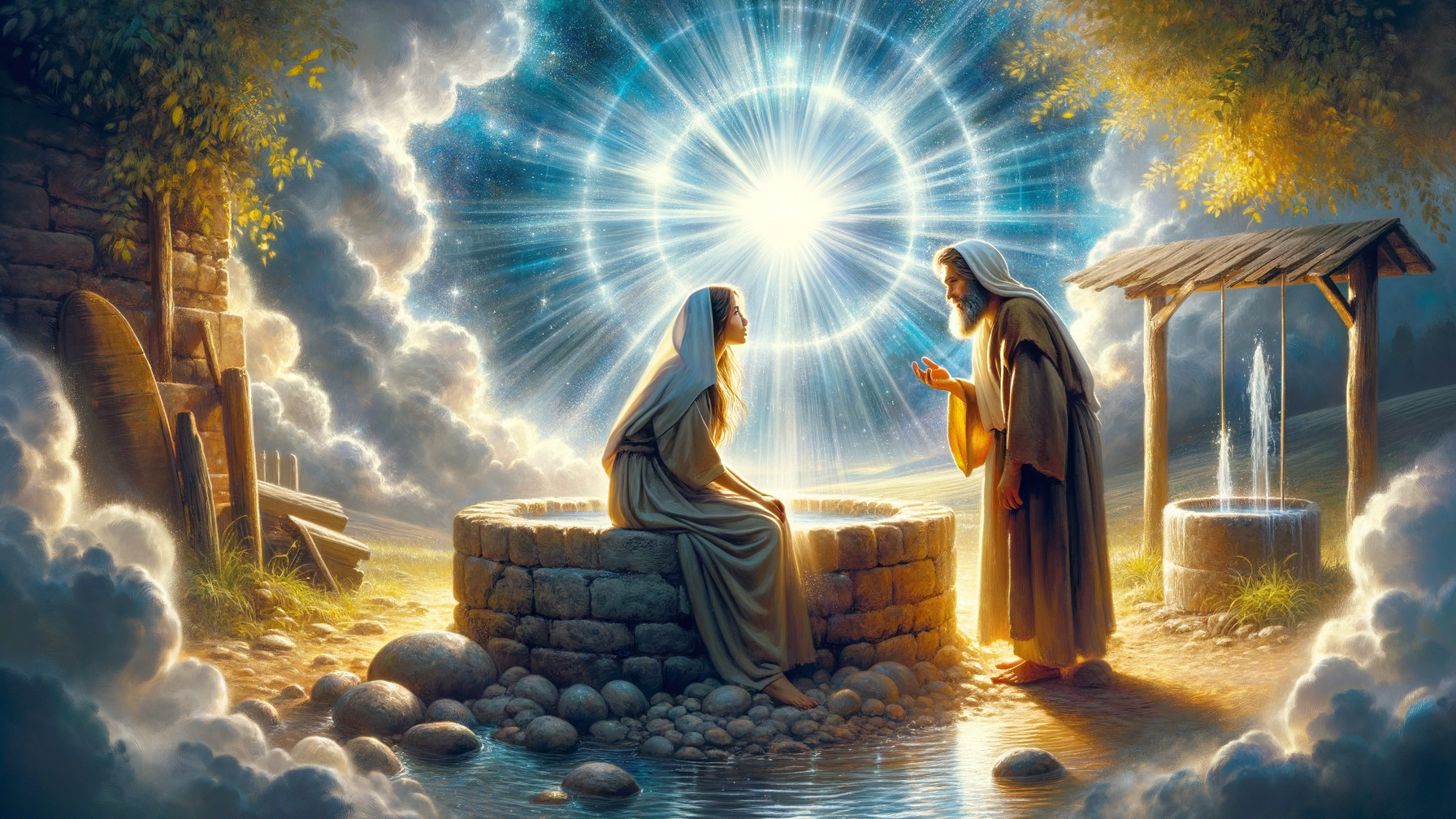 Religious Painting of Woman and Bearded Man at Well