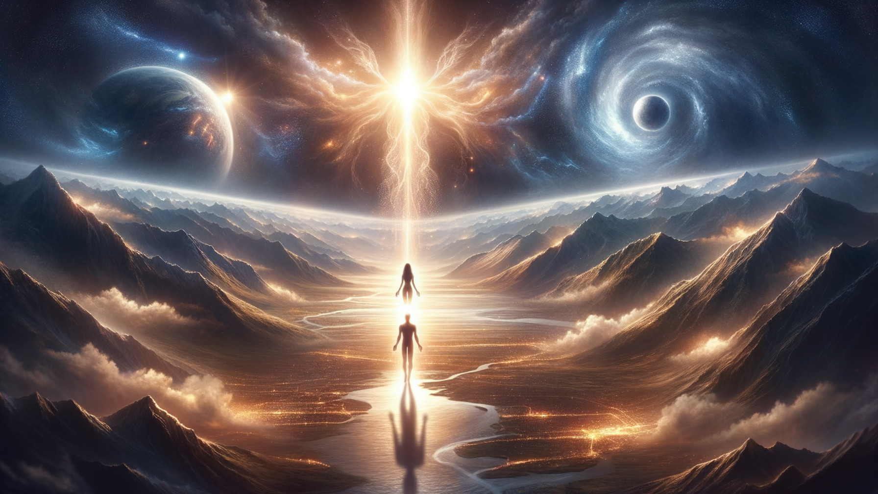 Cosmic Scene with Silhouetted Figures and Stars