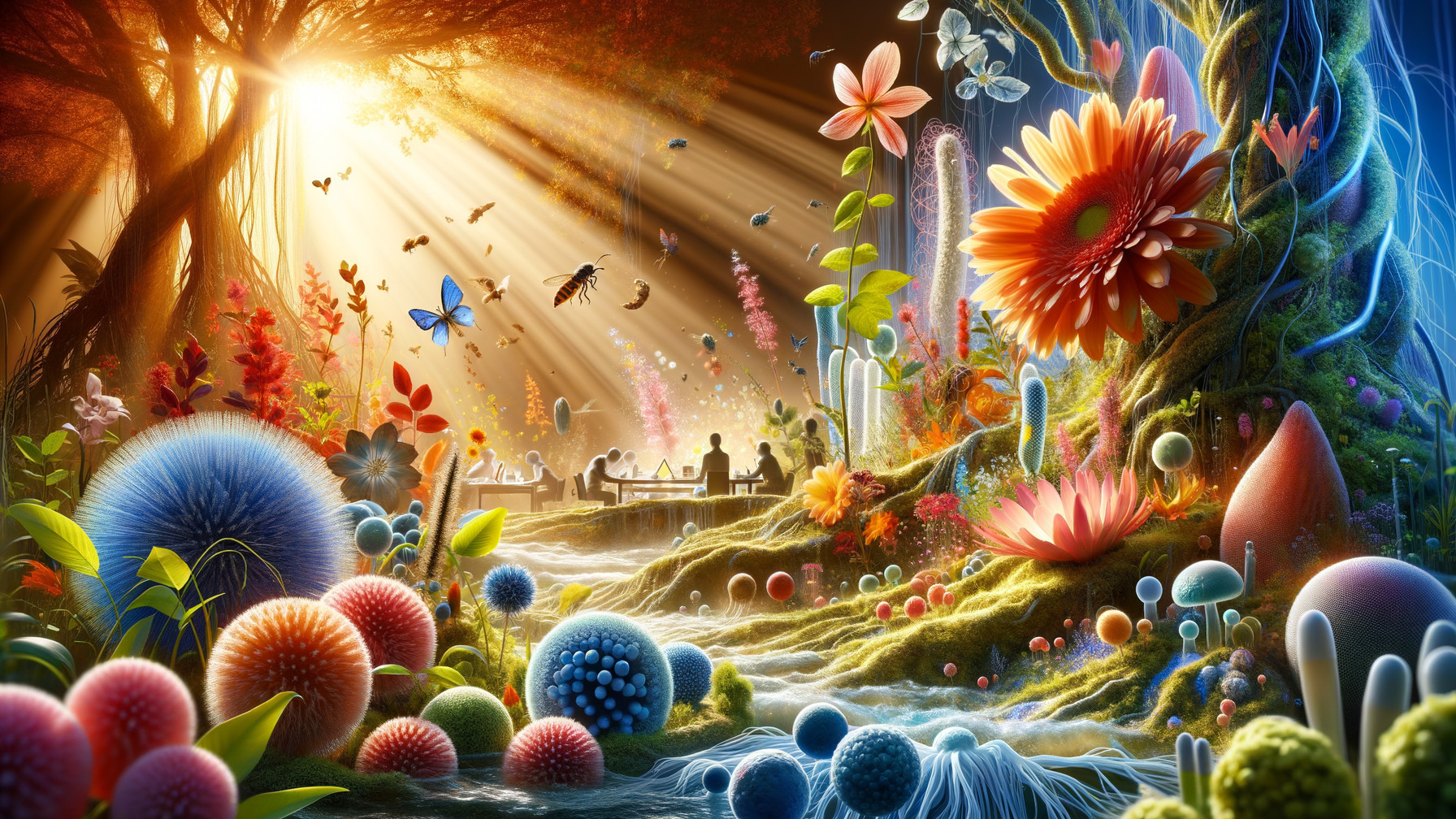 Vibrant Magical Landscape with Colorful Flora and Creatures