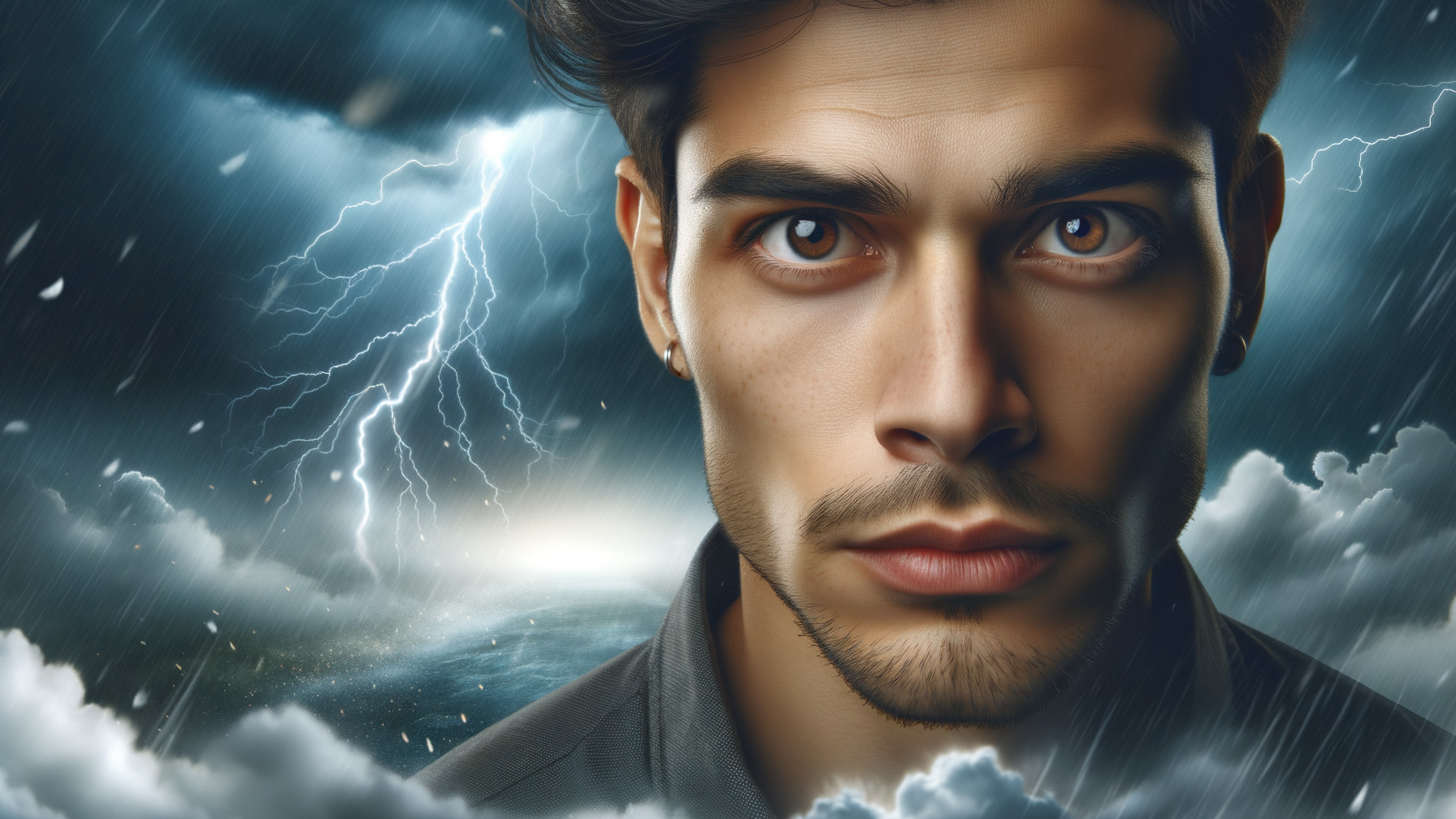 Portrait of a Young Man with Intense Expression and Stormy Sky