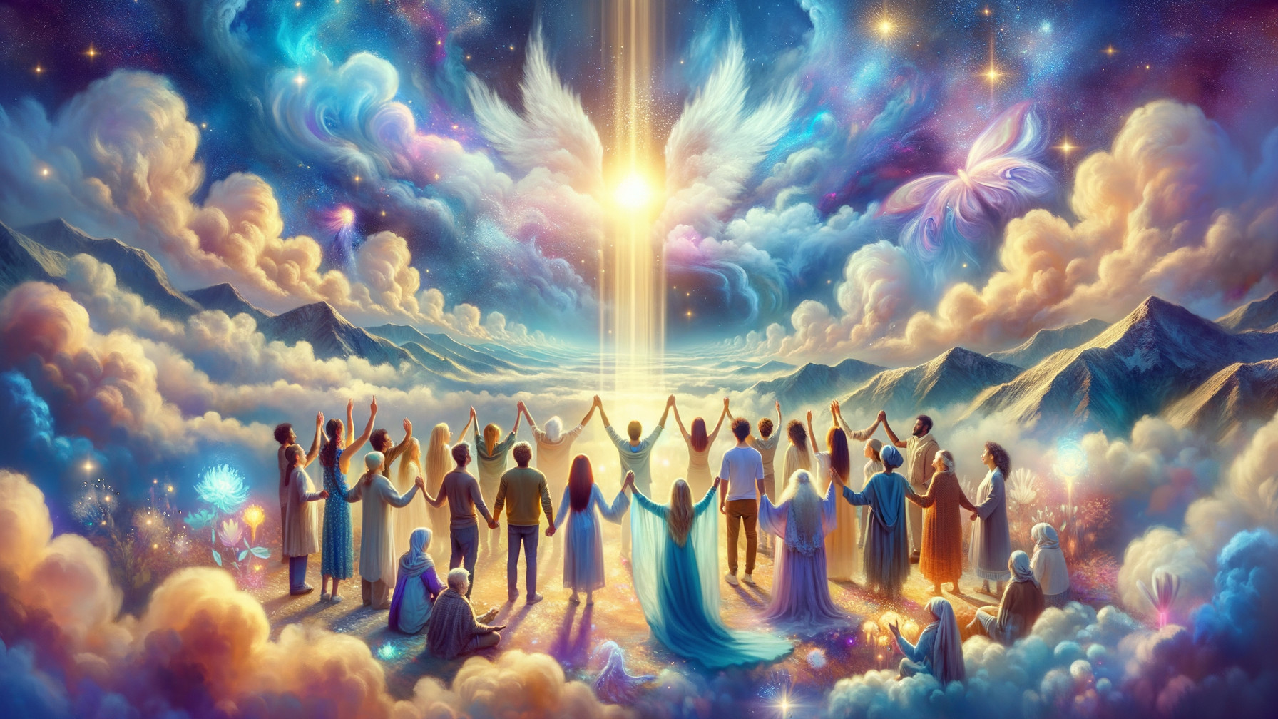 Ethereal Scene of Unity with People and Nature Elements