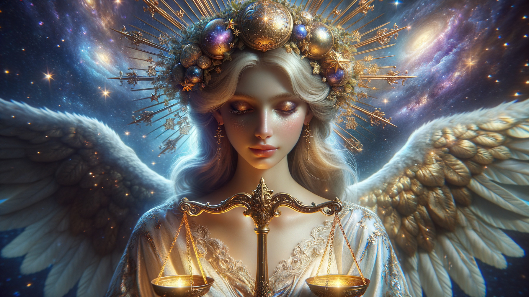 Celestial Figure of Justice with Wings and Galaxy Backdrop
