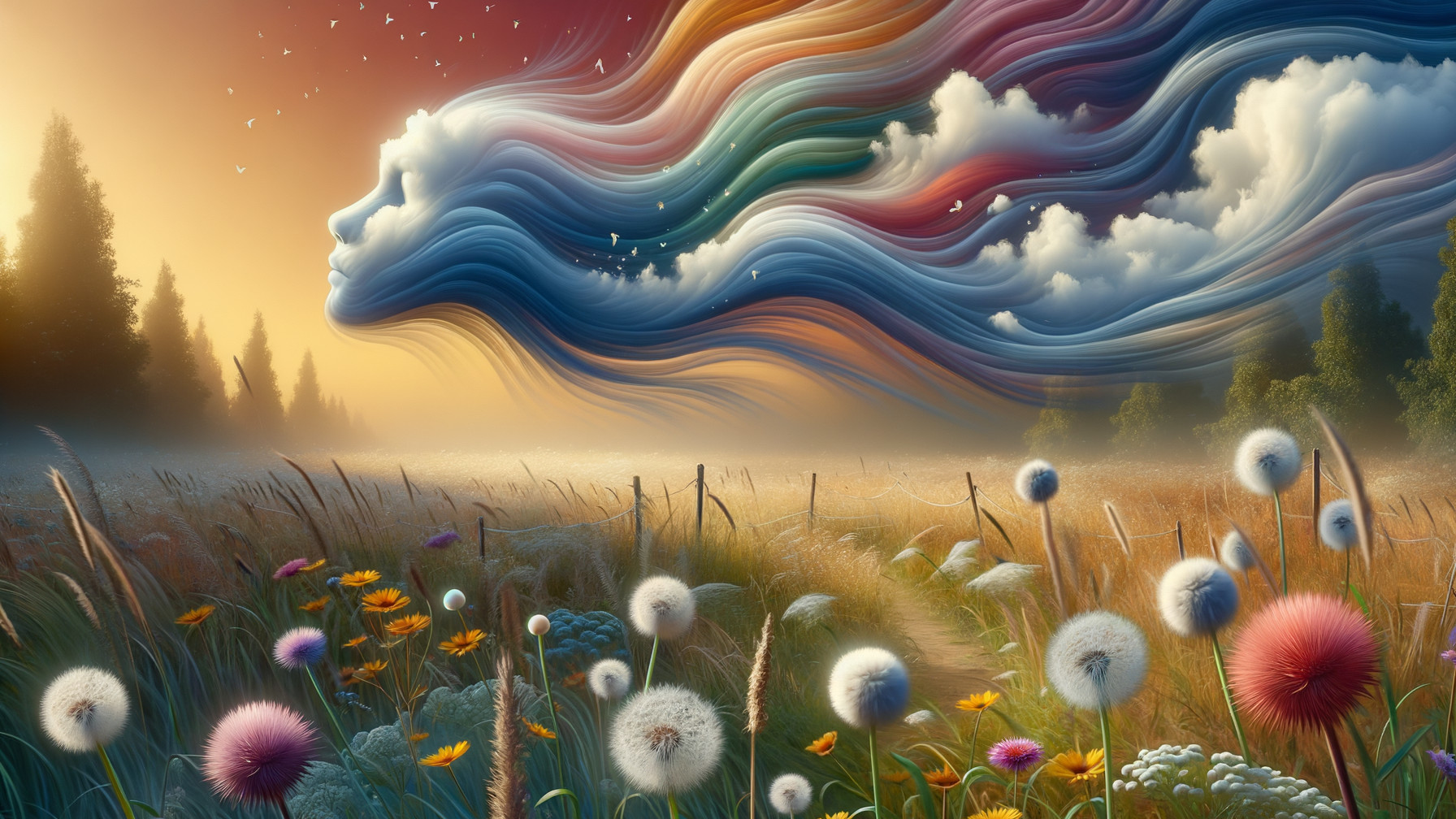 Surreal Landscape with Woman's Face and Sunset