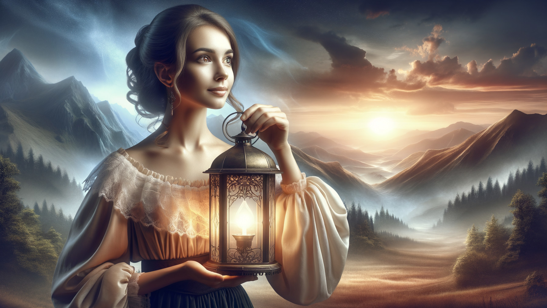 Young Woman in Vintage Dress with Lantern at Sunset