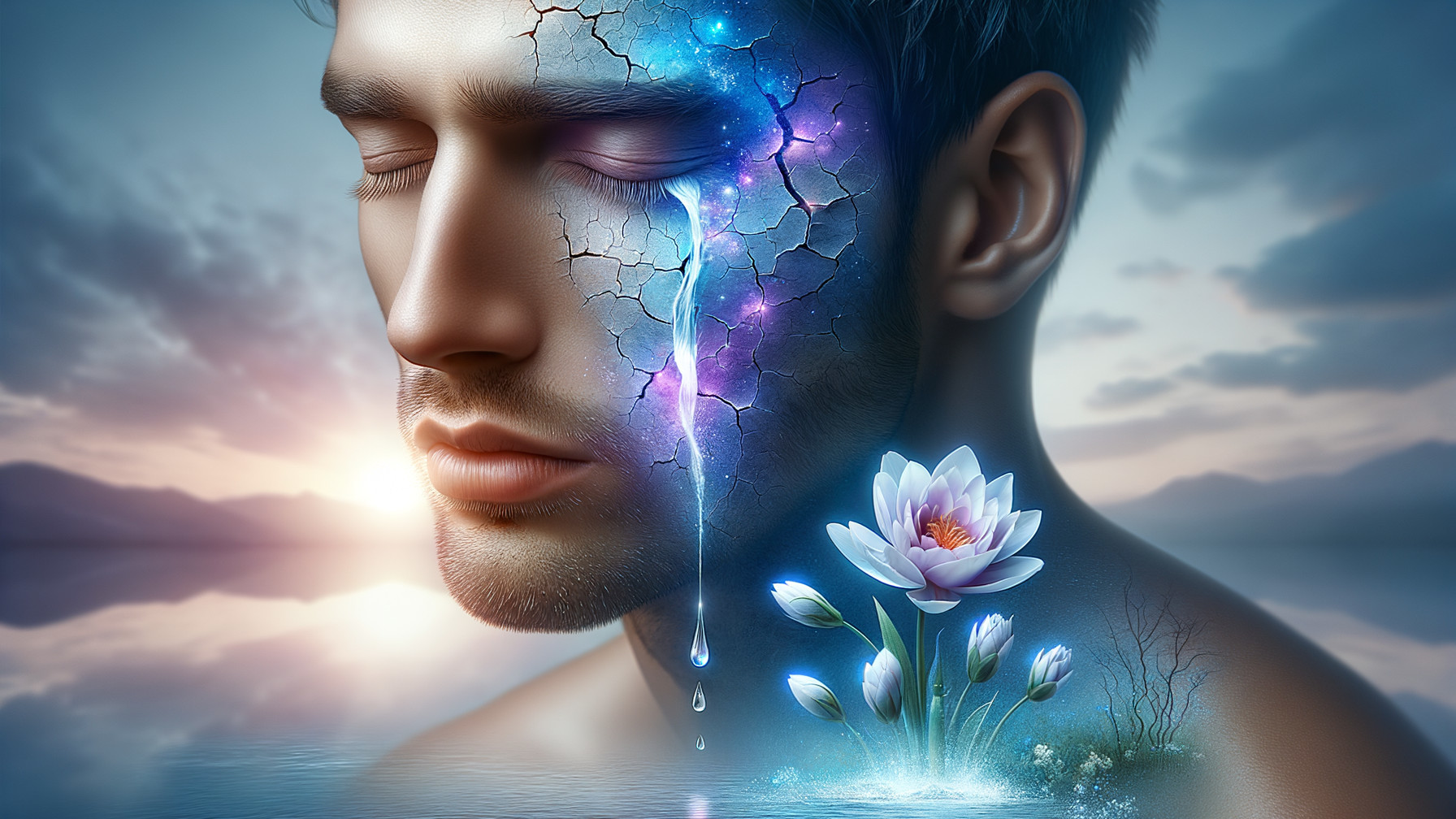 Crying Man with Cracked Skin and Ethereal Lotus Flower