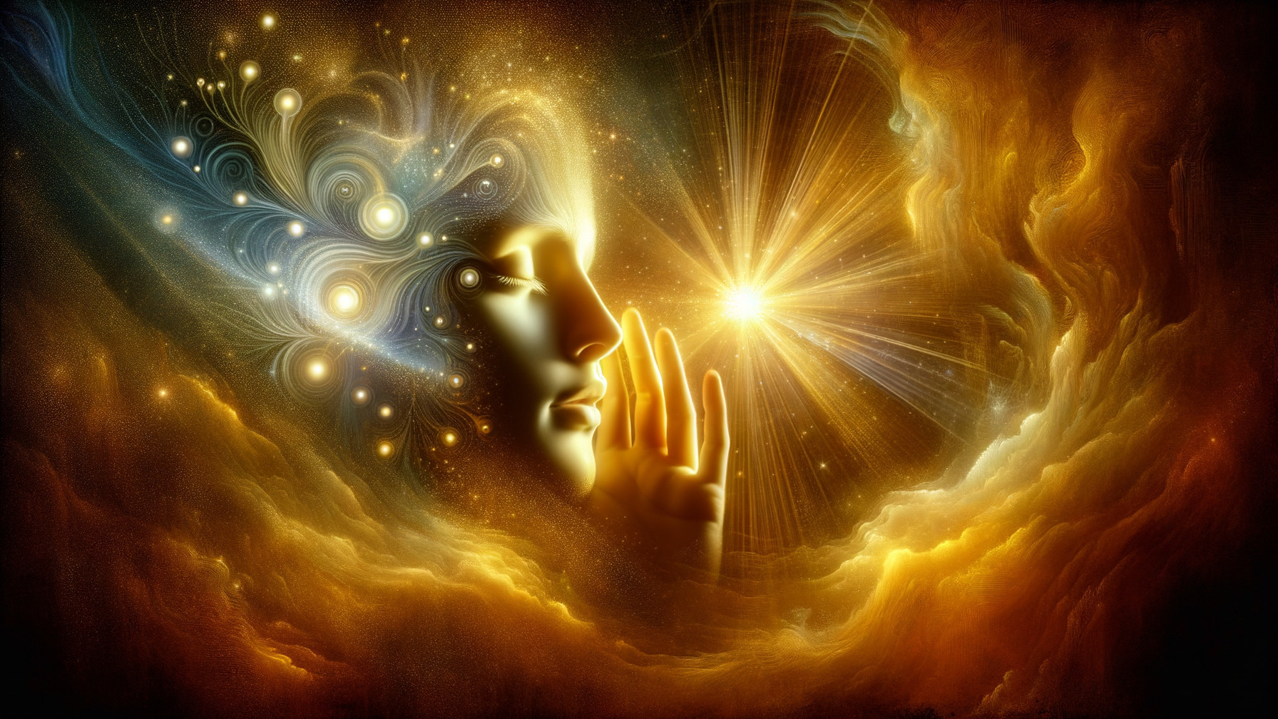 Ethereal Face in Cosmic Golden and Blue Backdrop