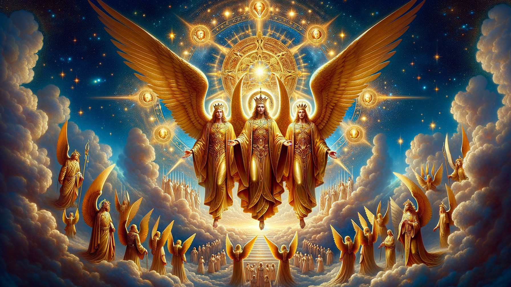 Celestial Scene with Angels in Golden Robes and Crowns