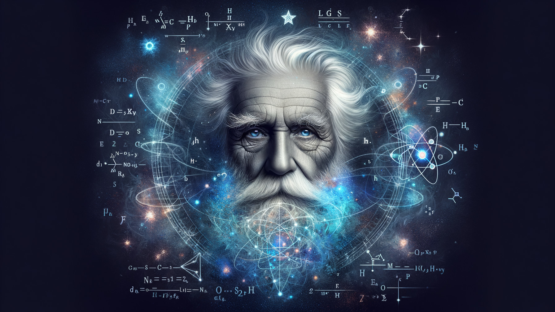 Elderly Man with Blue Eyes in Cosmic Setting