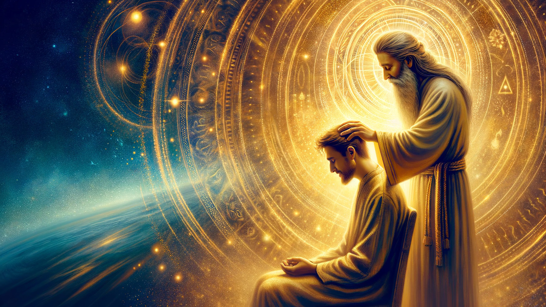 Artwork of Two Men Against Cosmic Energy Background