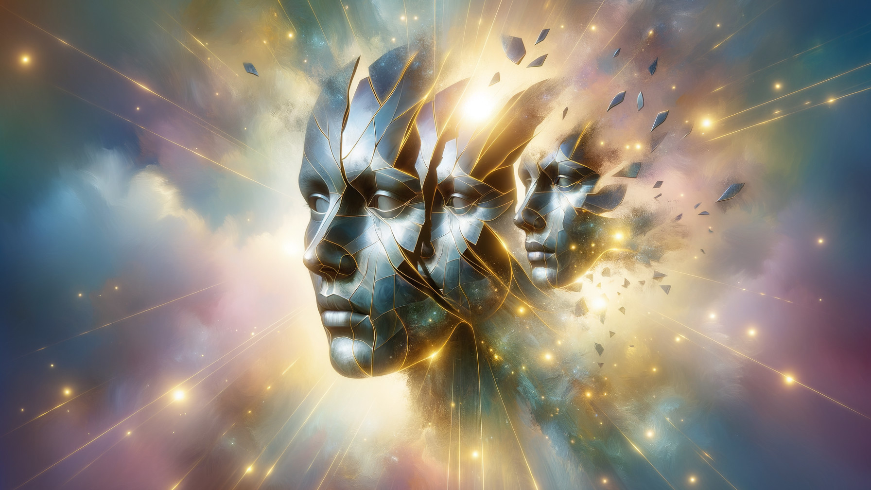 Surreal Metallic Faces in a Colorful Cosmic Scene