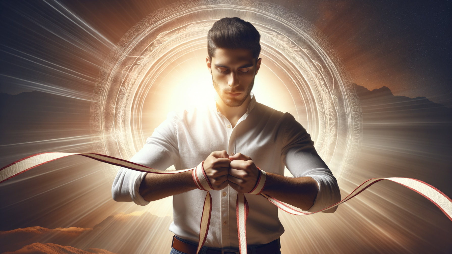 Young man wrapping red ribbons in radiant light setting