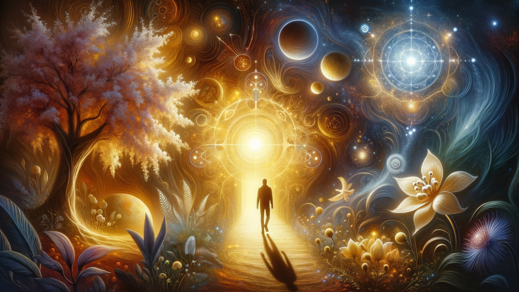 Solitary Figure in Cosmic Landscape with Lush Flora