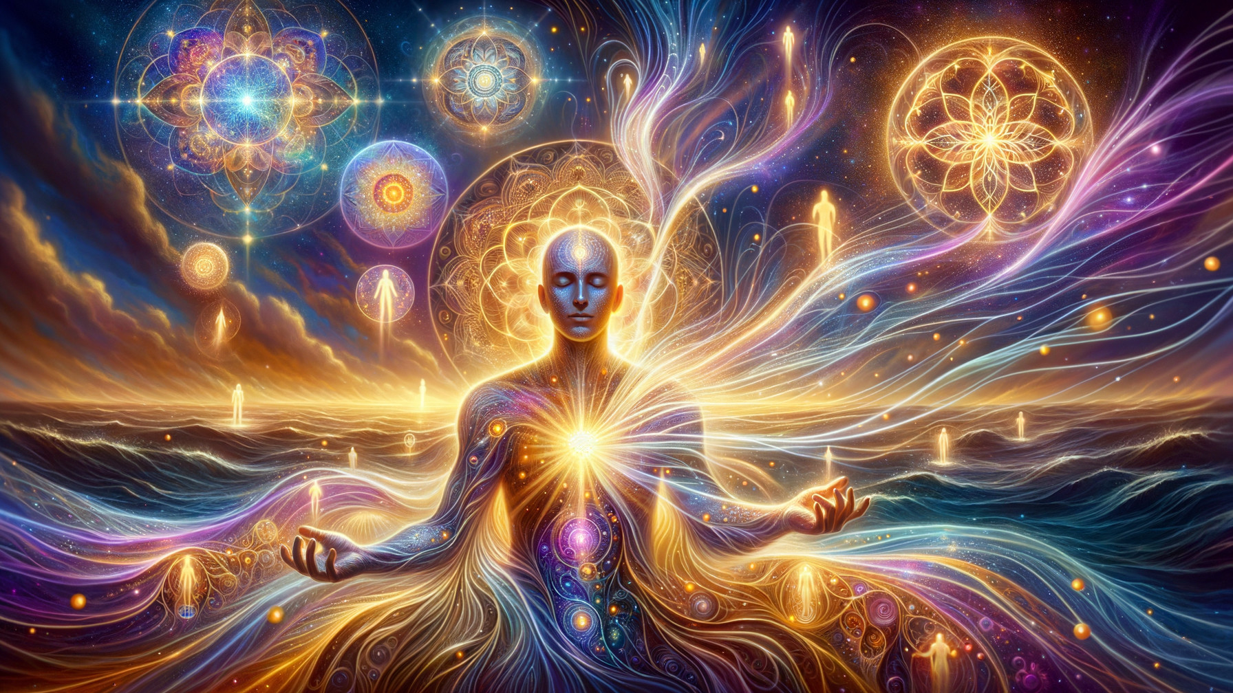 Meditative Figure by the Ocean with Vibrant Patterns