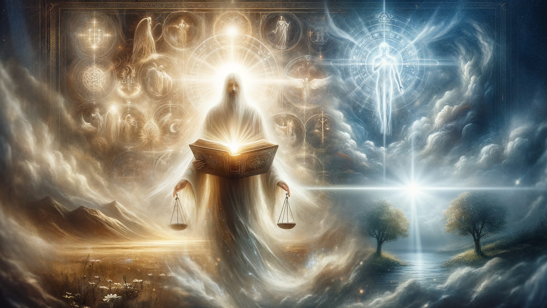 Celestial Figure with Ancient Book in Serene Landscape