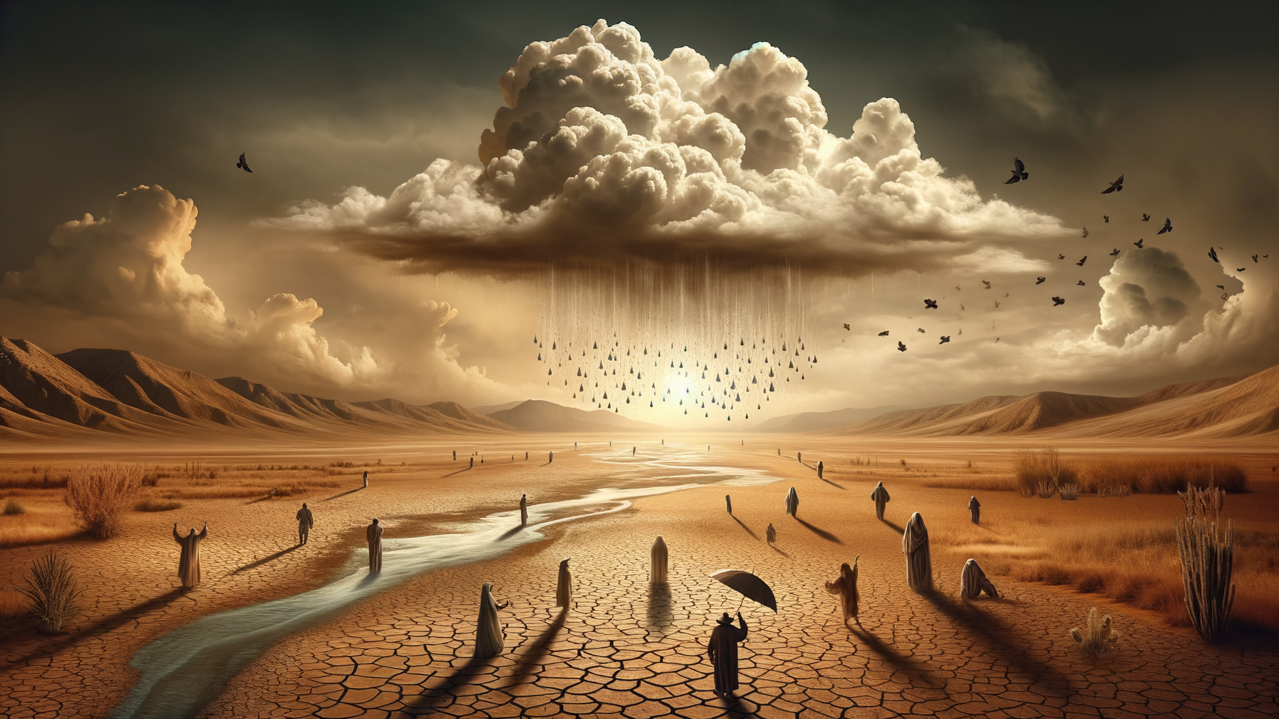 Apocalyptic Desert Landscape with Hooded Figures and Clouds
