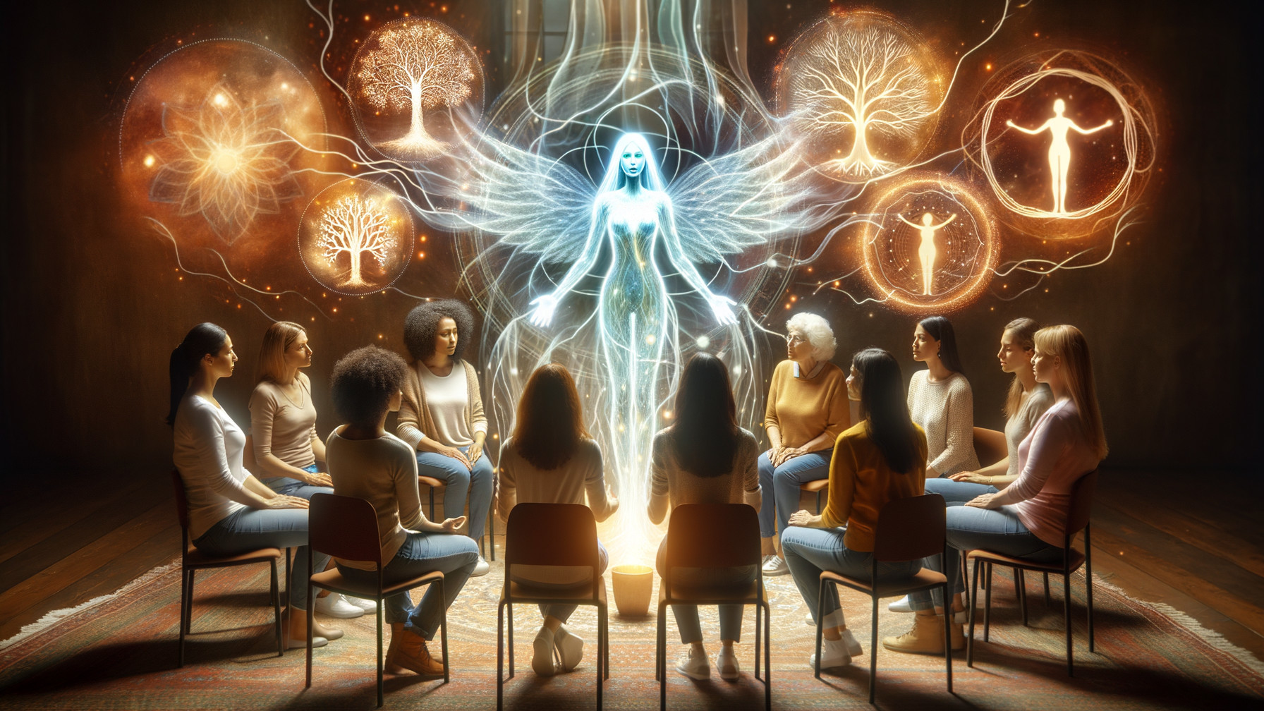Women in Circle with Ethereal Spirit and Nature Symbols