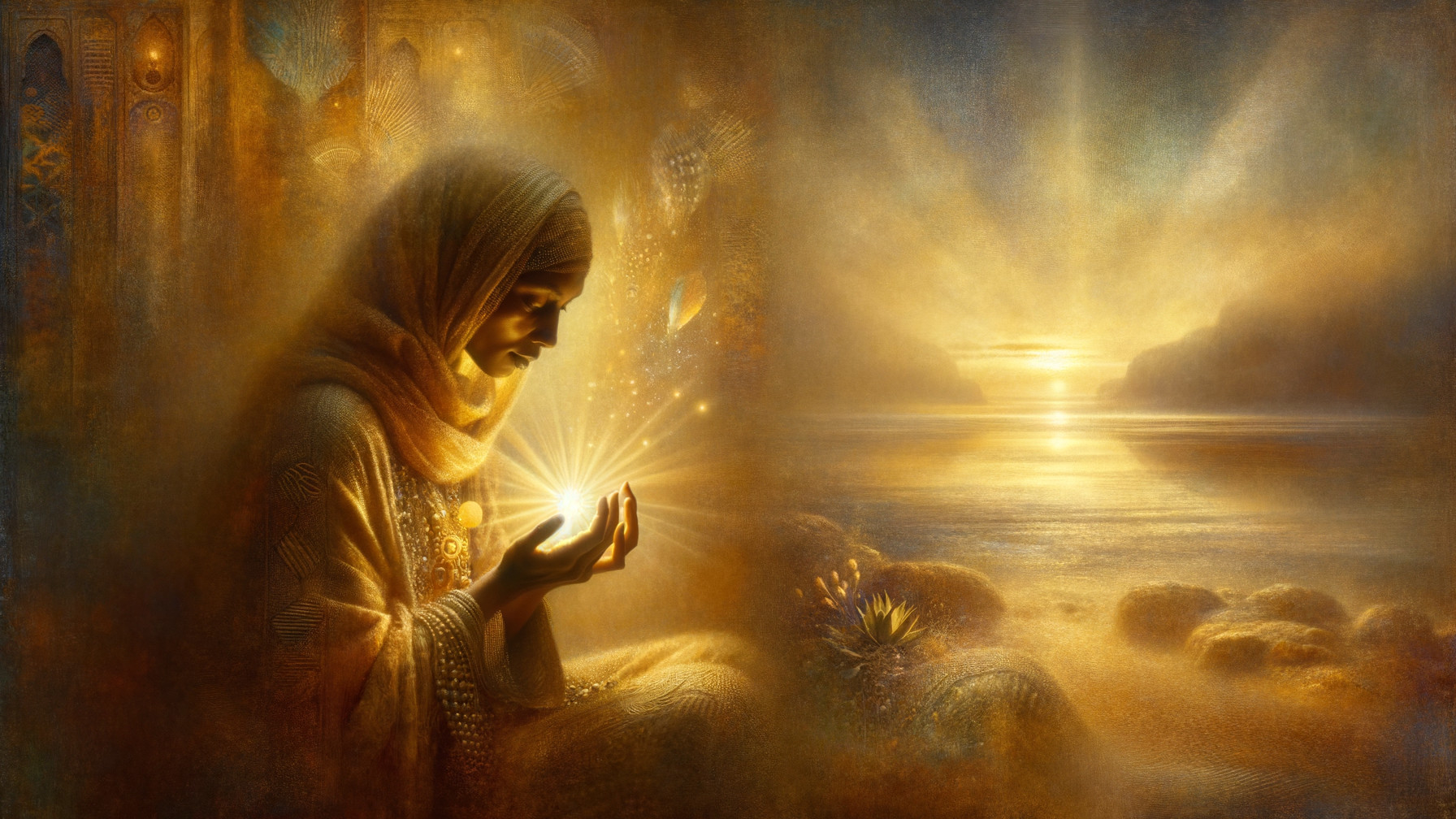 Serene Figure with Glowing Orb in Tranquil Seascape