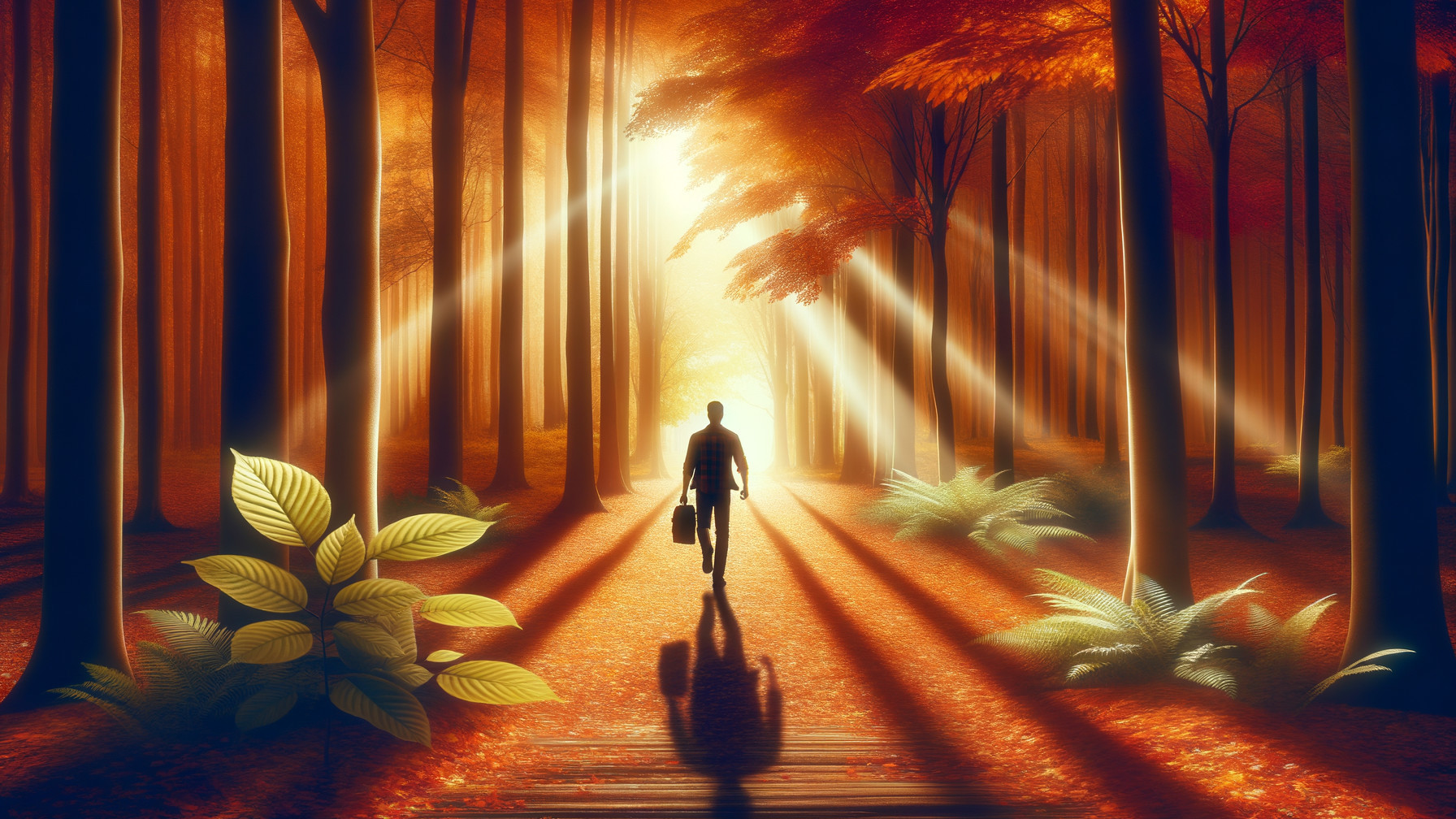 Solitary Figure Walking on Autumn Forest Path