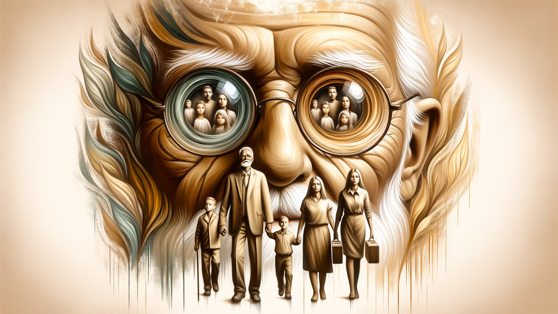 Large expressive face with glasses reflecting family connections