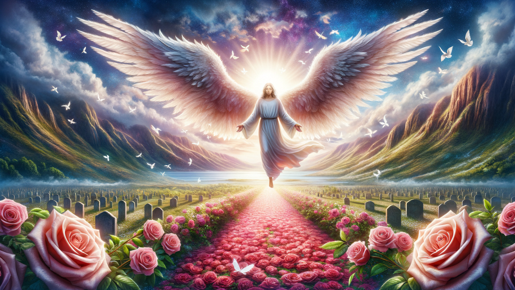 Angel Descending in Cemetery Surrounded by Roses