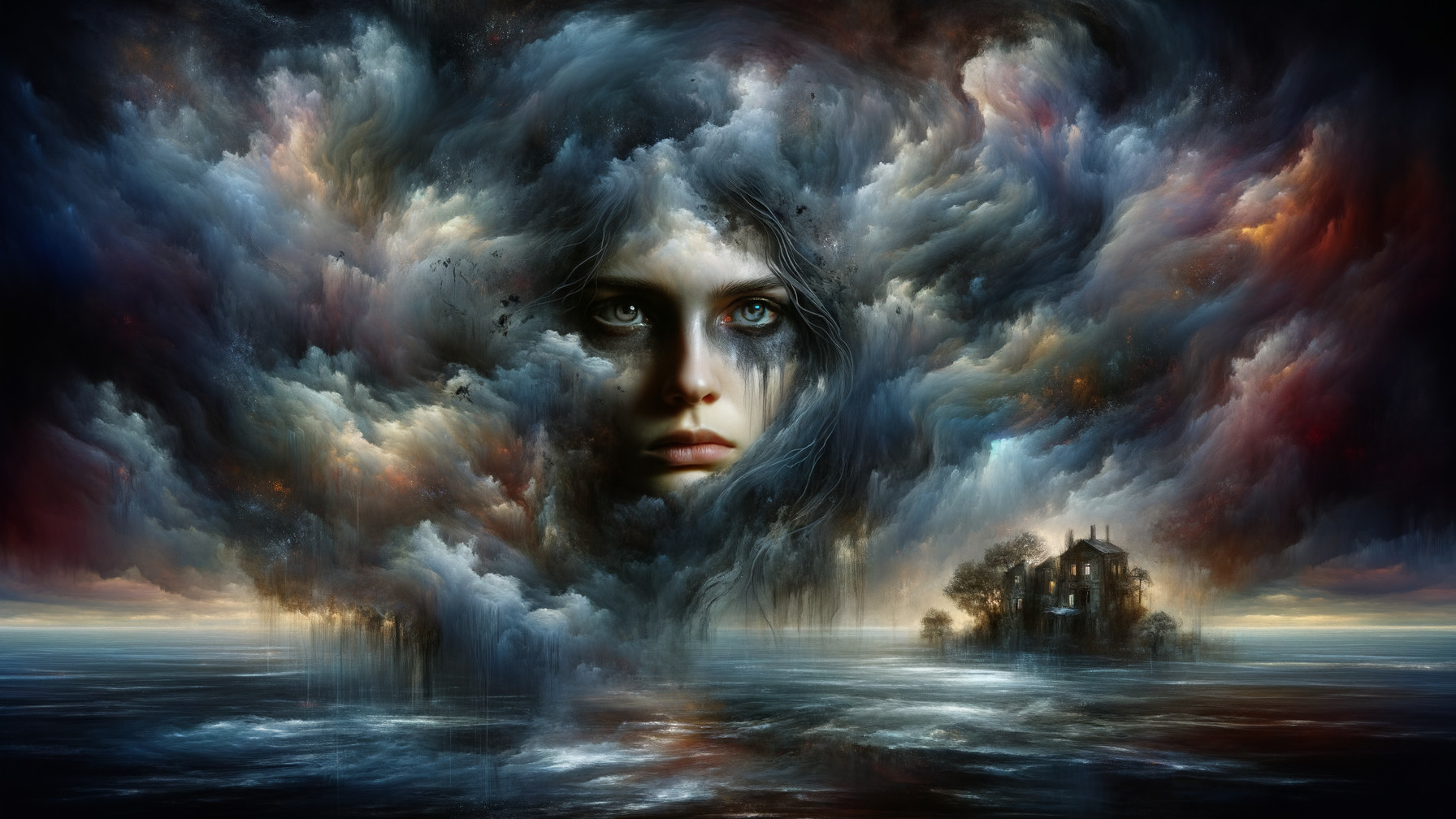 Ethereal Portrait of a Woman Amidst Stormy Skies