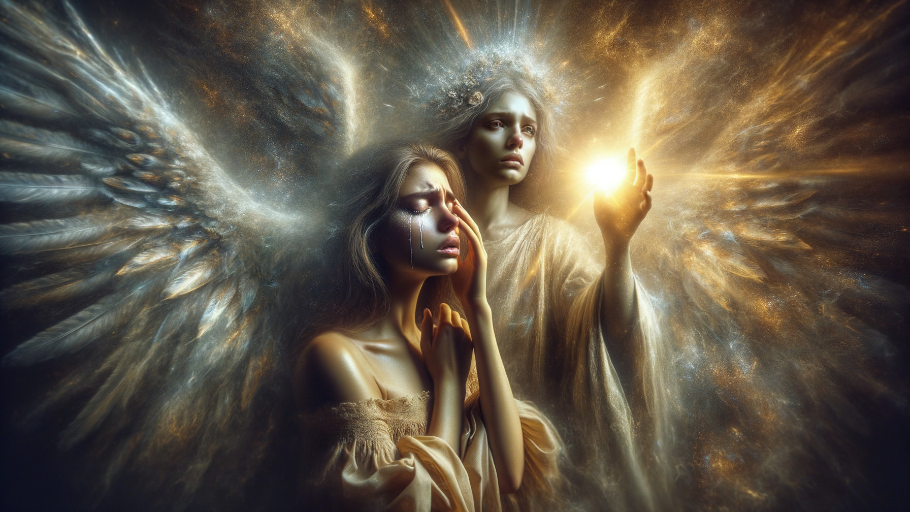 Ethereal Figures with Wings in Radiant Light Scene