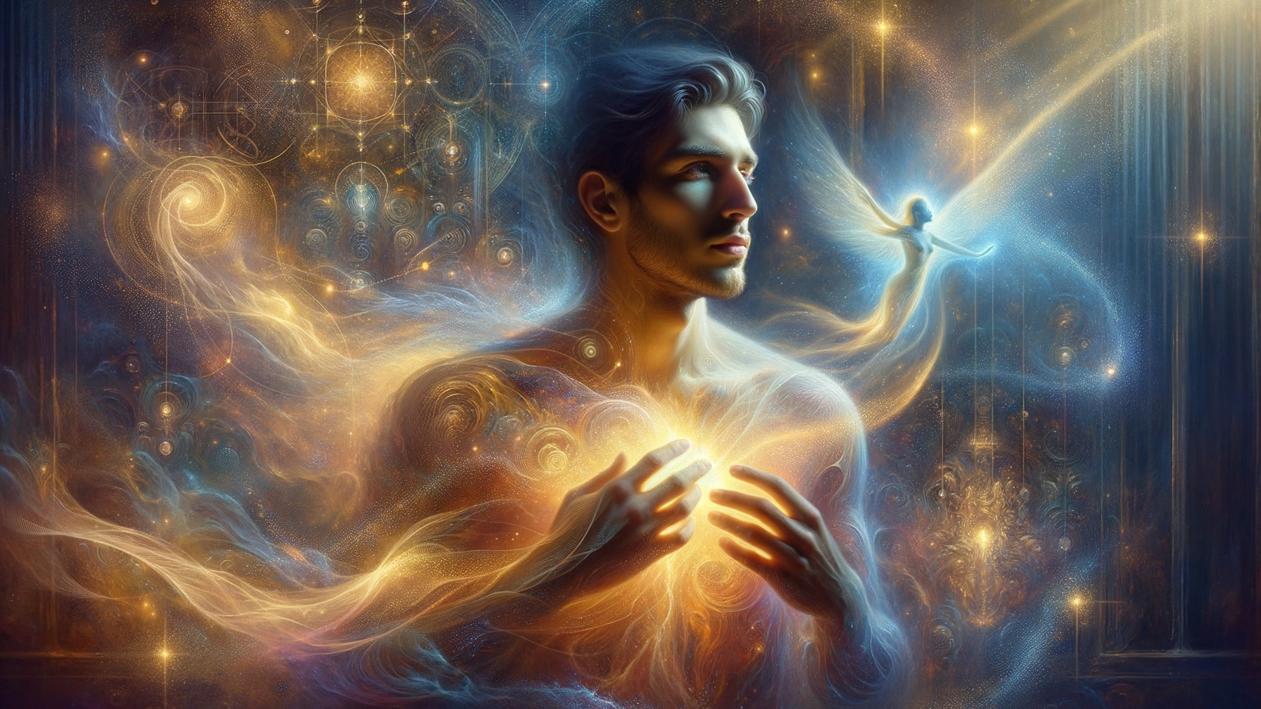 Mystical Scene with Young Man and Luminous Energy