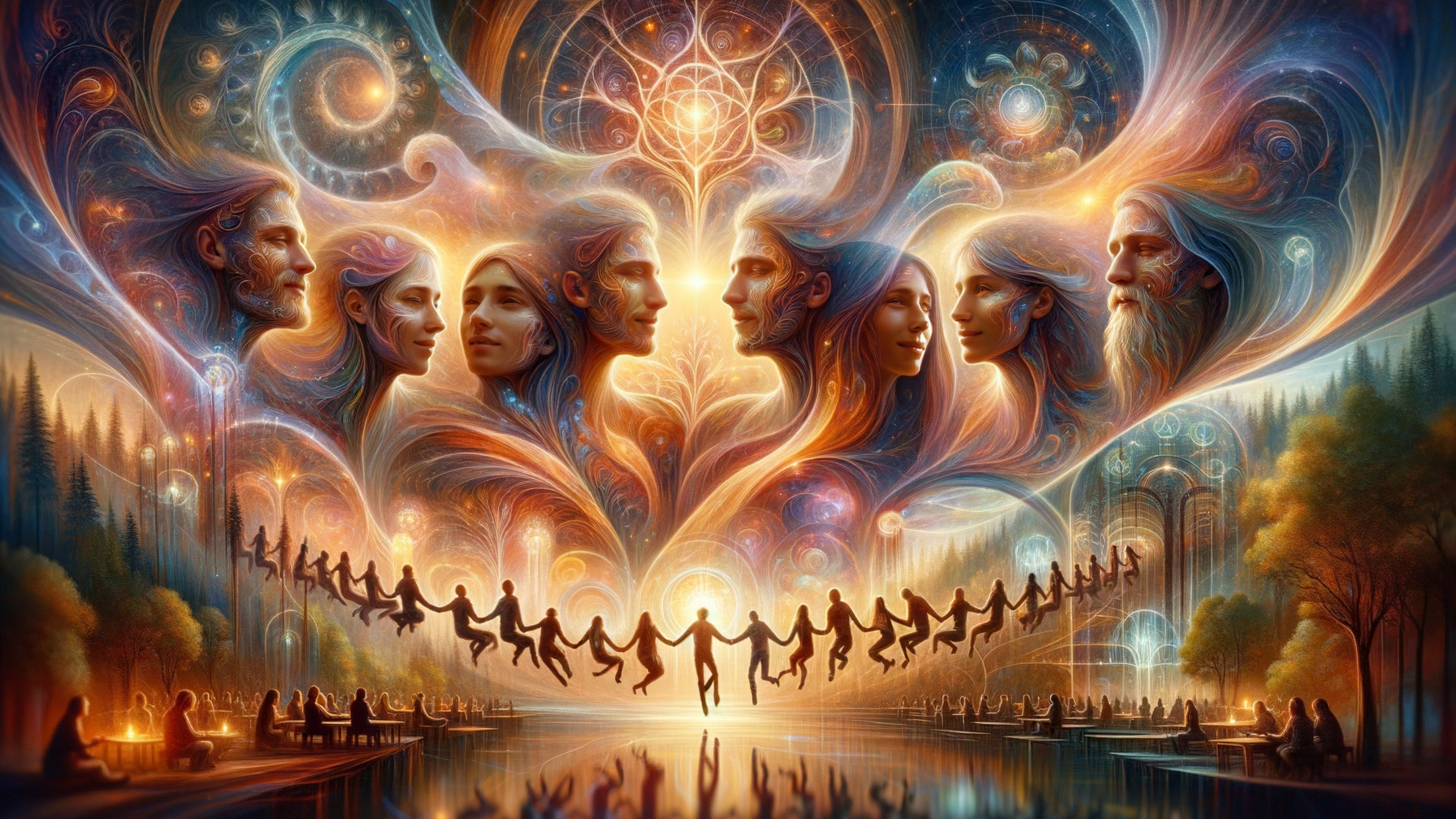 Ethereal Scene of Interconnected Faces and Unity