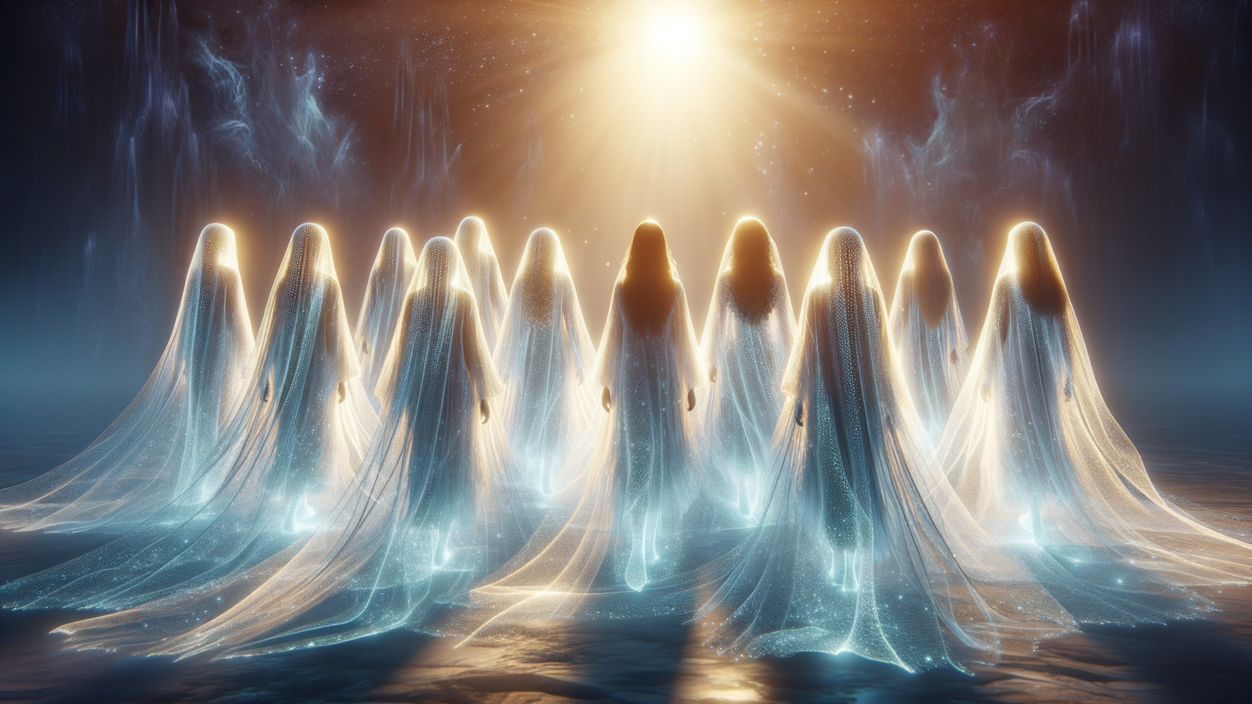 Luminous Women in Ethereal Gowns Against Celestial Light