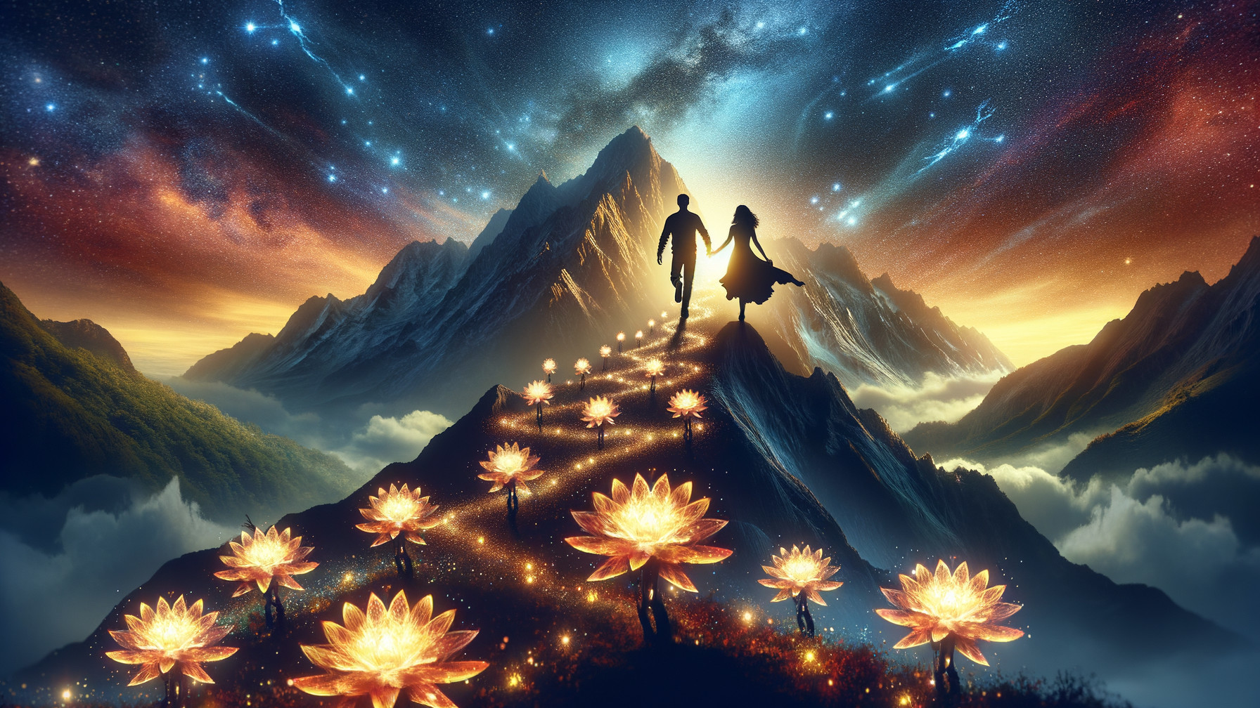 Couple Walking on Colorful Mountain Path with Lotus Flowers