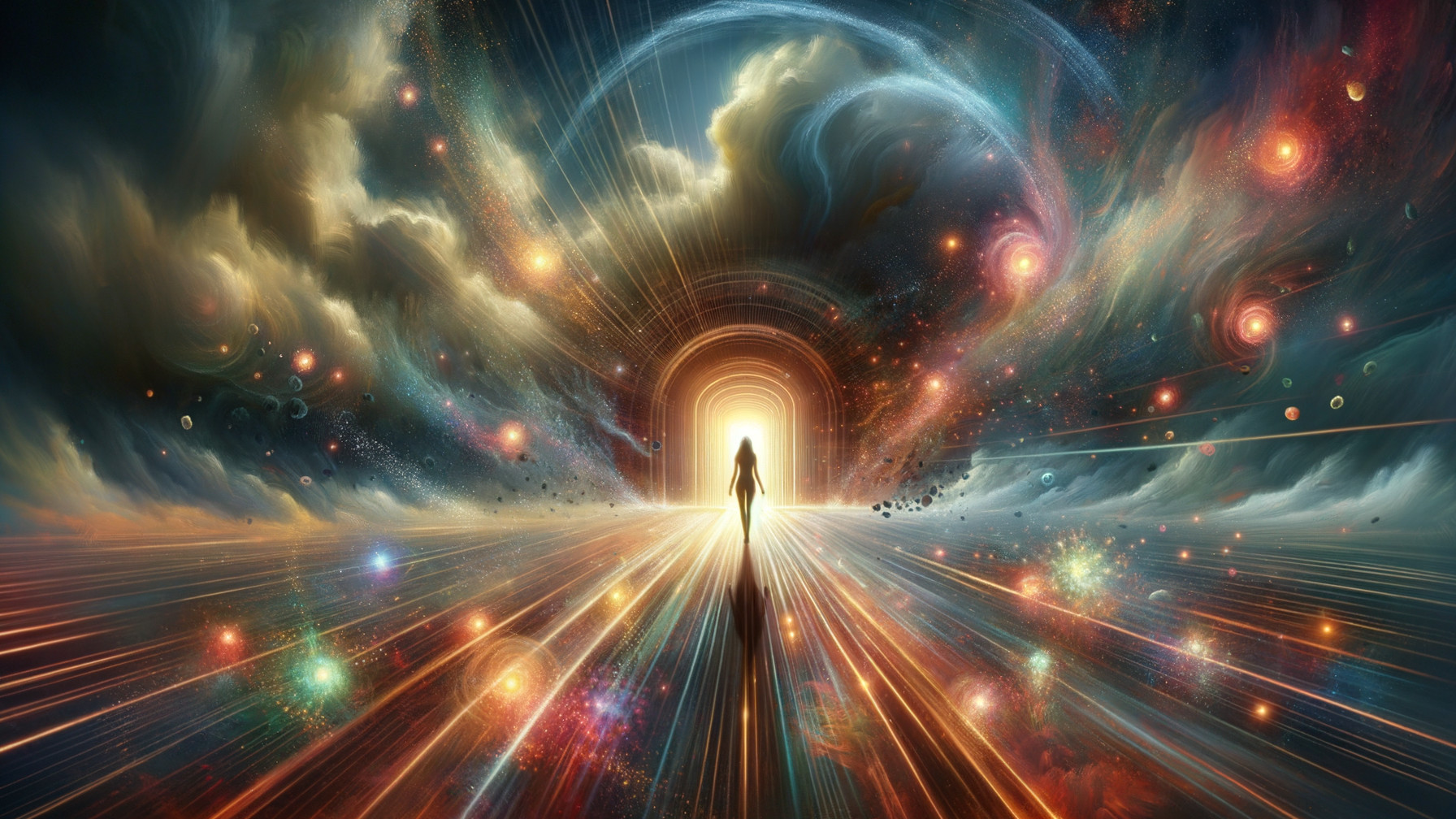 Figure at a Glowing Portal in a Cosmic Landscape