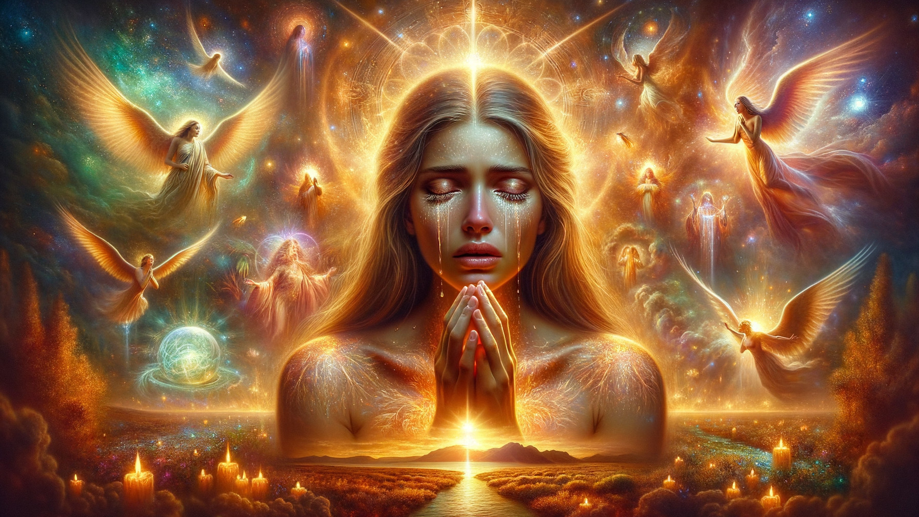 Serene Woman with Tears and Ethereal Angels