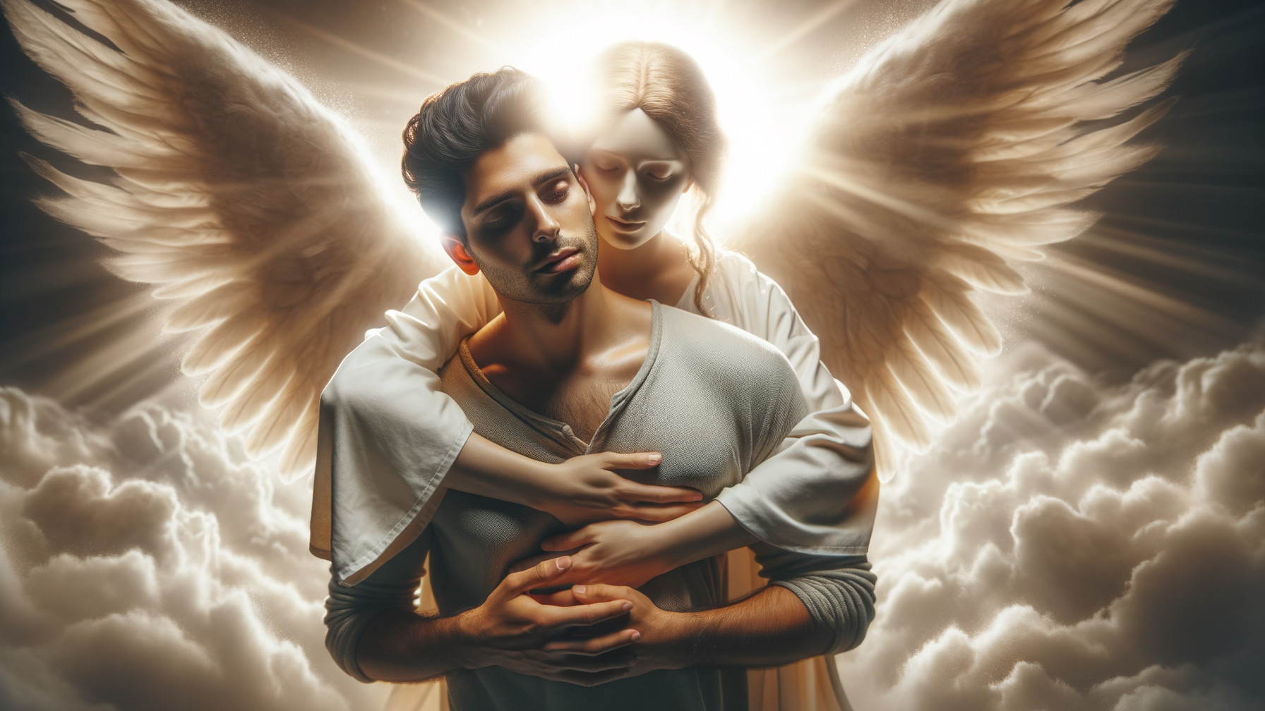 Serene Angel Embraces Contemplative Young Man