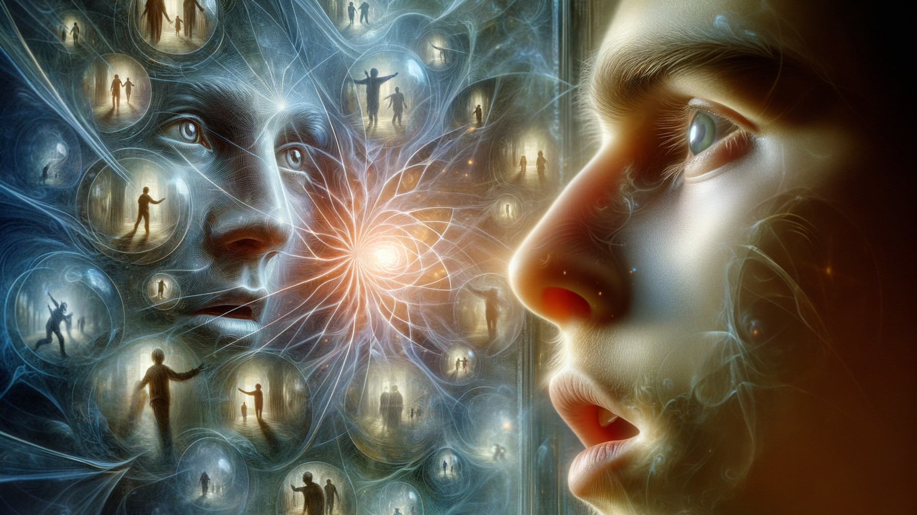 Surreal Close-Up of Face with Ethereal Pattern and Figures