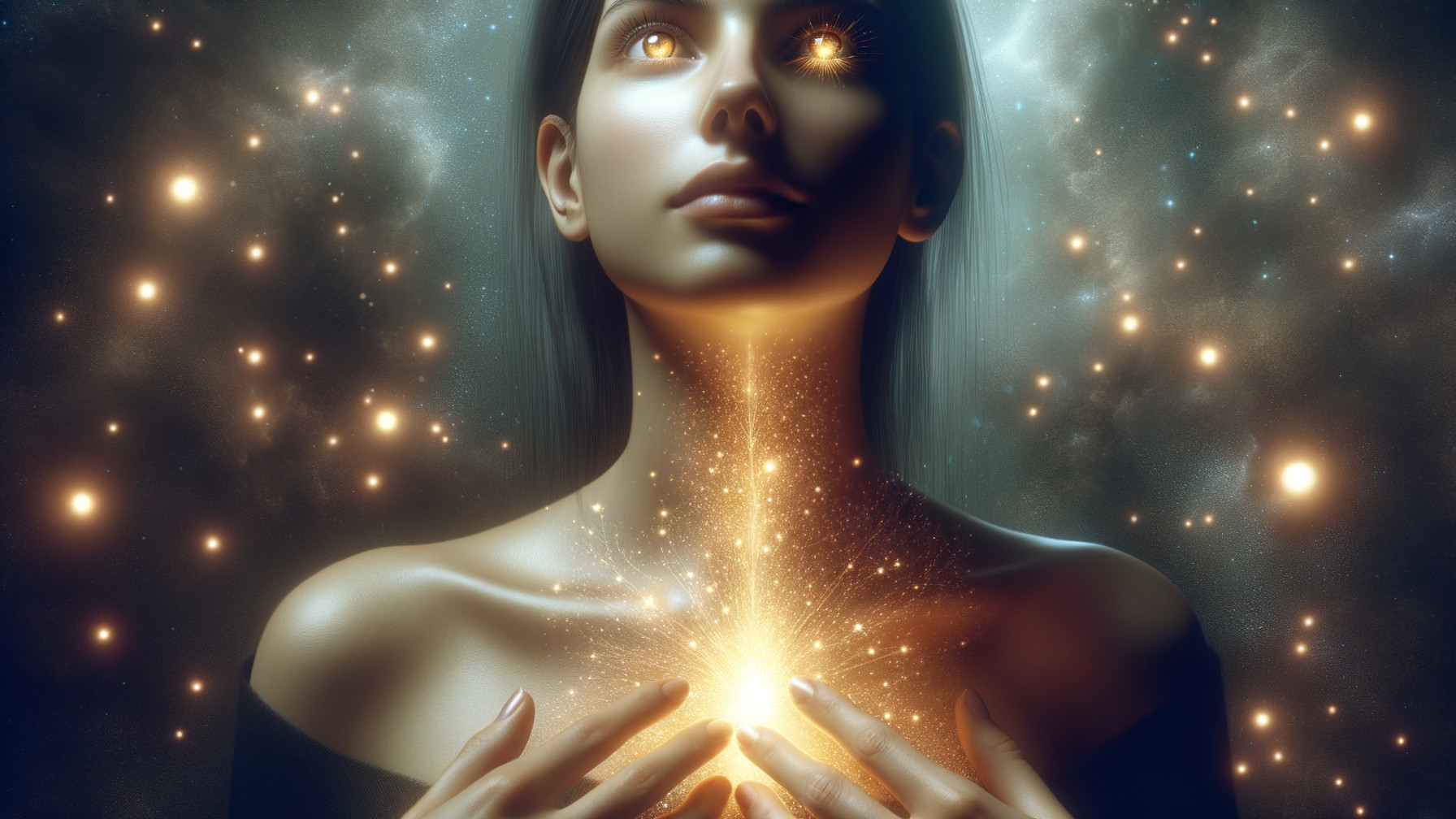 Mystical Figure in Cosmic Backdrop with Golden Light