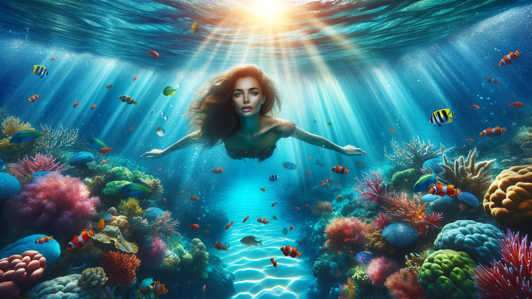 Underwater Scene of a Woman Swimming Among Coral Reefs