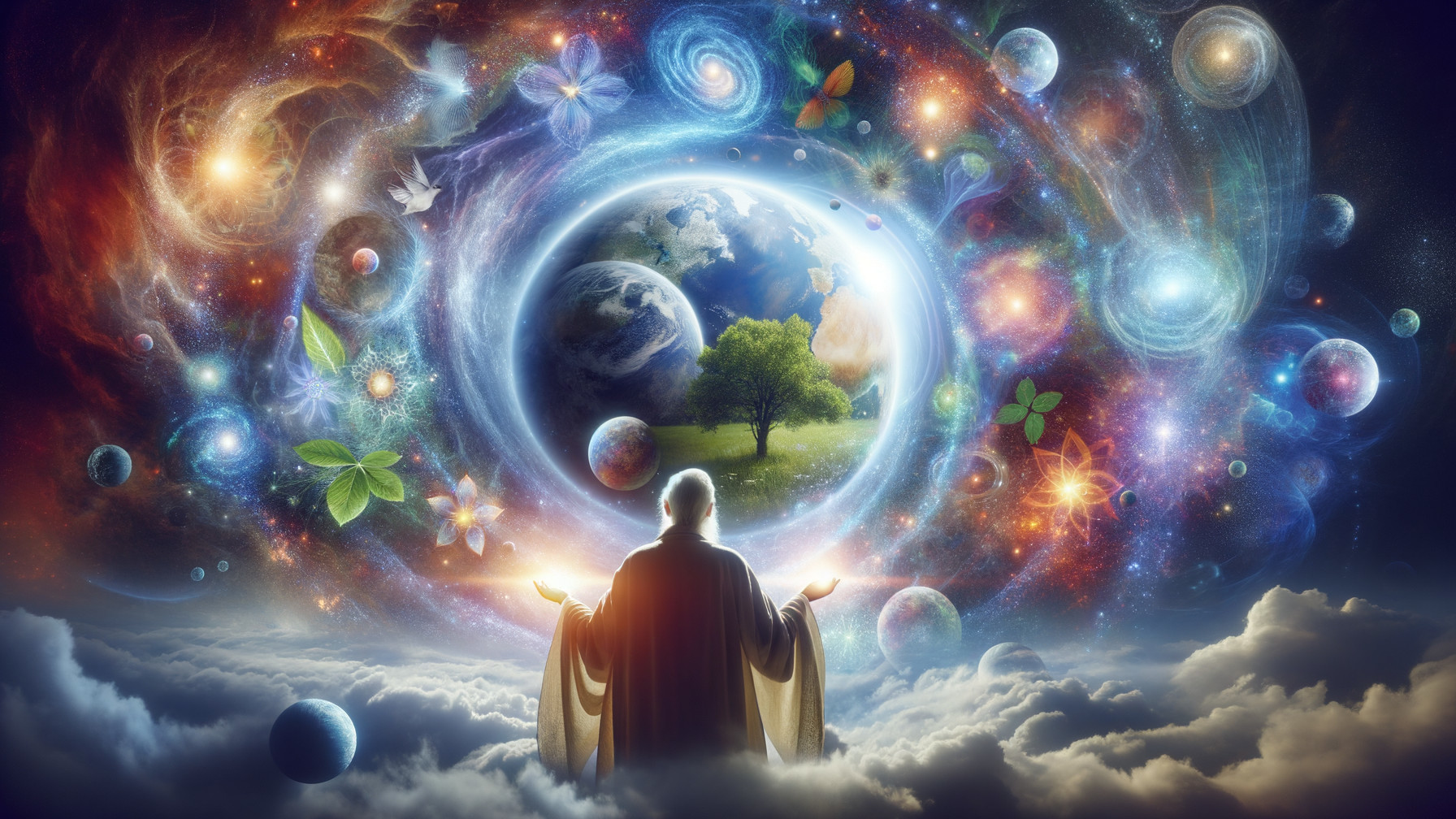 Cosmic Scene with Figure and Lush Landscape Portal