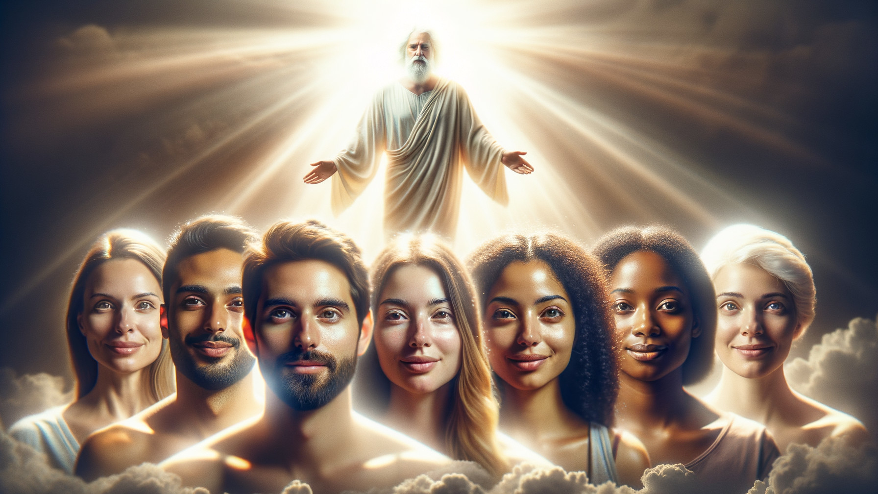 Divine Figure Surrounded by Diverse Group in Light
