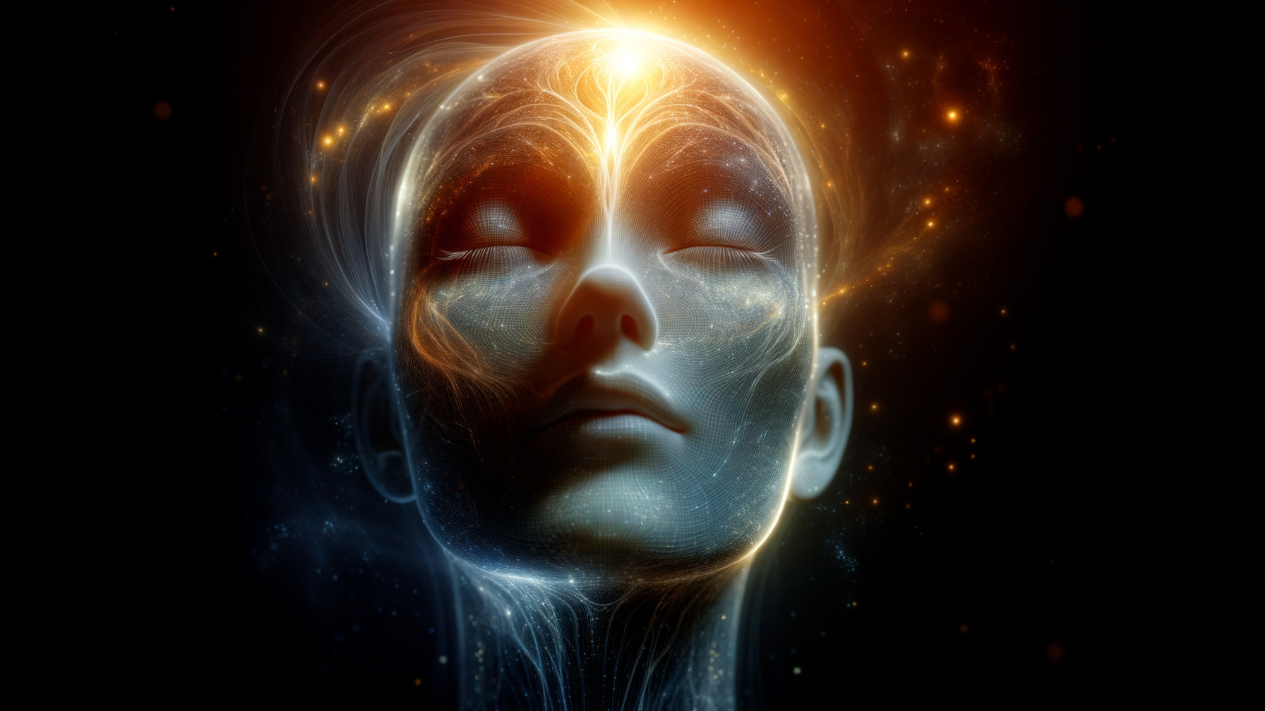 Serene Figure Surrounded by Luminous Energy Patterns