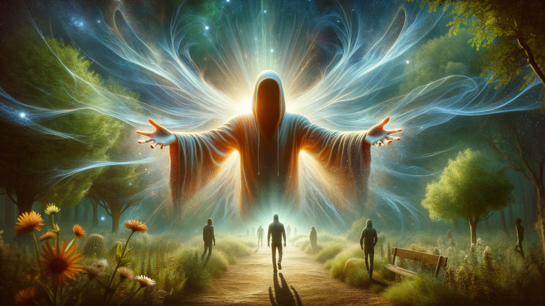 Hooded Figure in Mystical Landscape with Ethereal Light