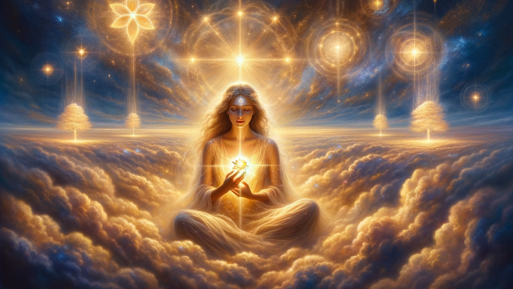 Serene figure in clouds with radiant flower and stars