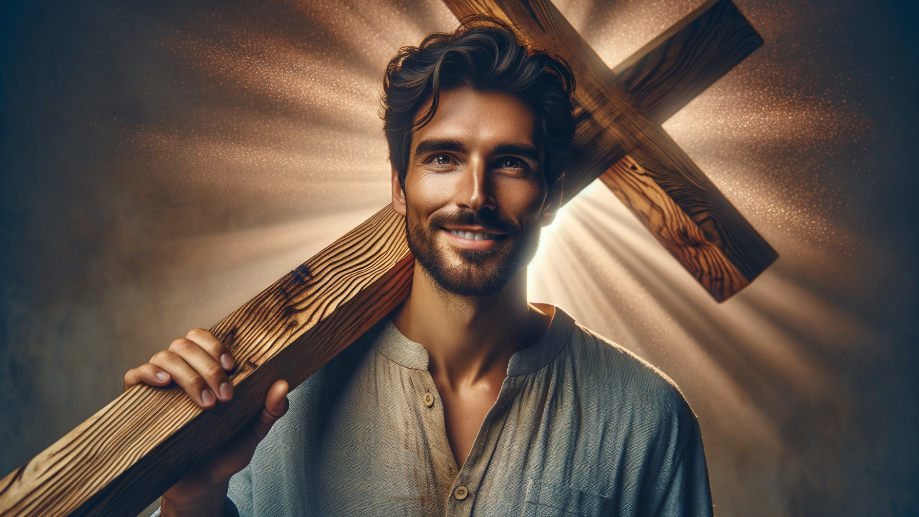 Smiling man with brown hair holding a wooden cross