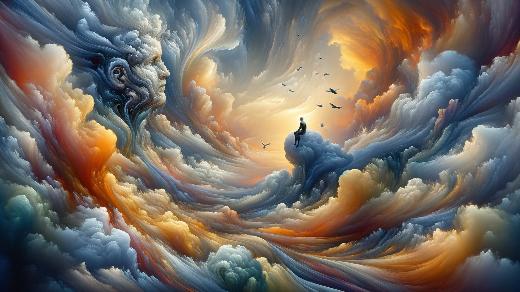 Surreal Landscape with Swirling Clouds and Figure