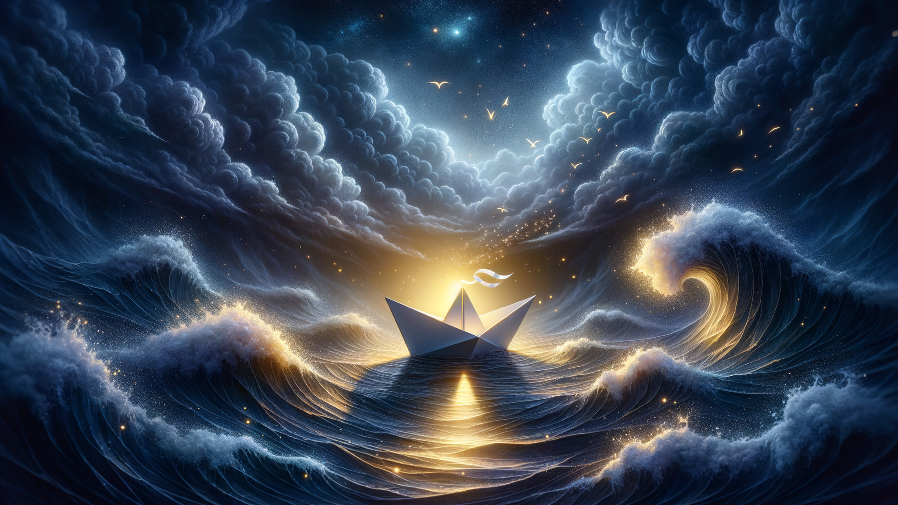 Paper Boat on Waves Under Dramatic Sky and Clouds