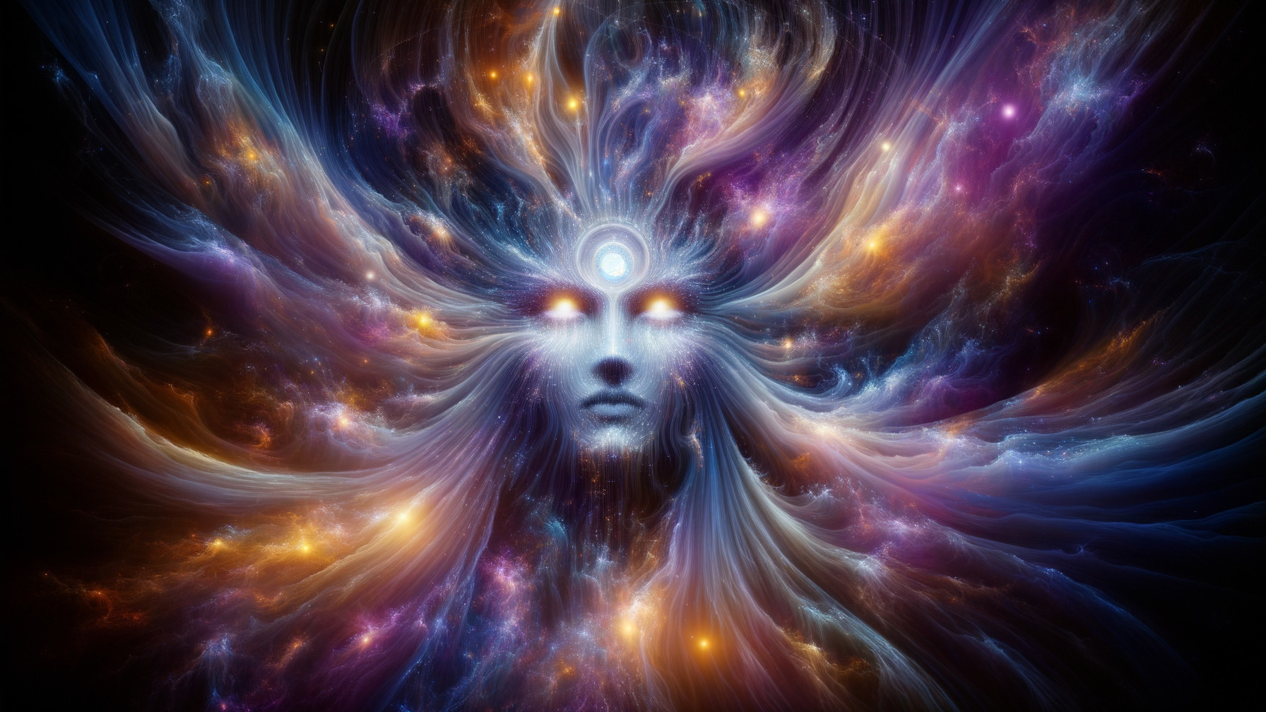 Ethereal Face in Cosmic Colors and Patterns