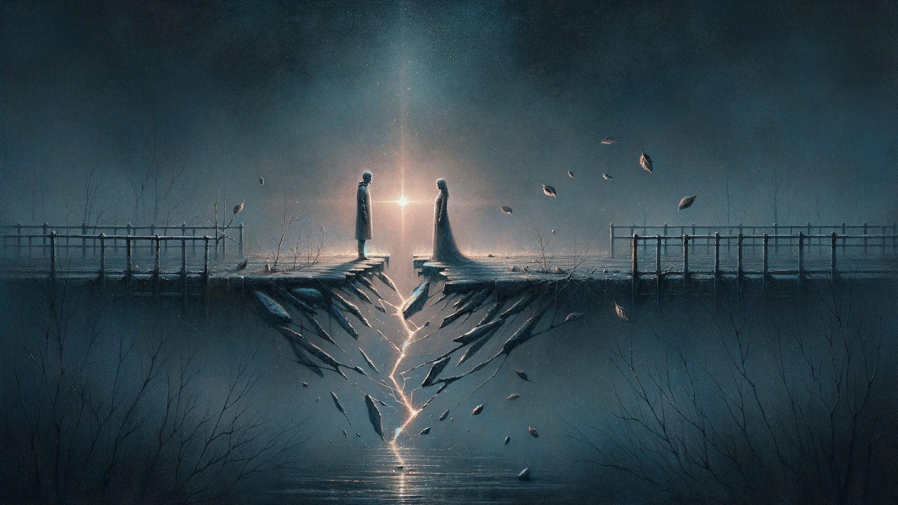 Figures on Opposite Sides of a Misty Chasm