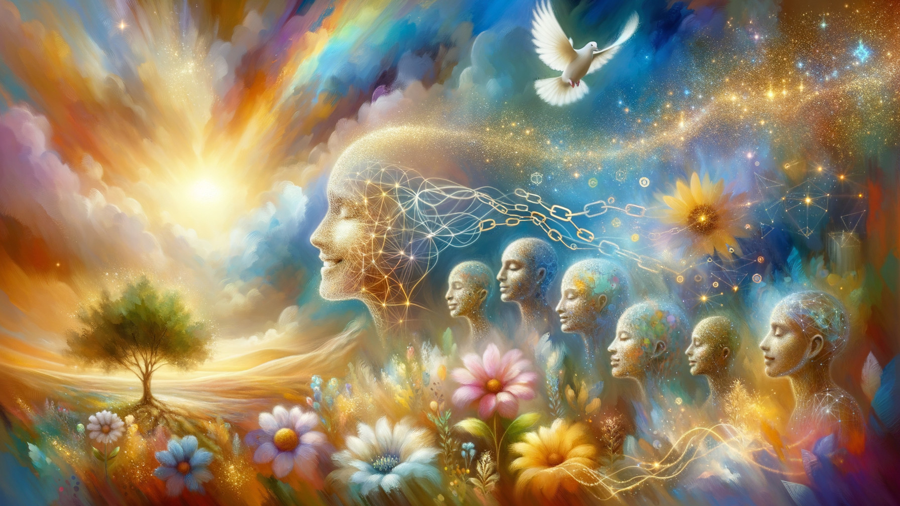 Surreal Landscape with Ethereal Profiles and Flowers