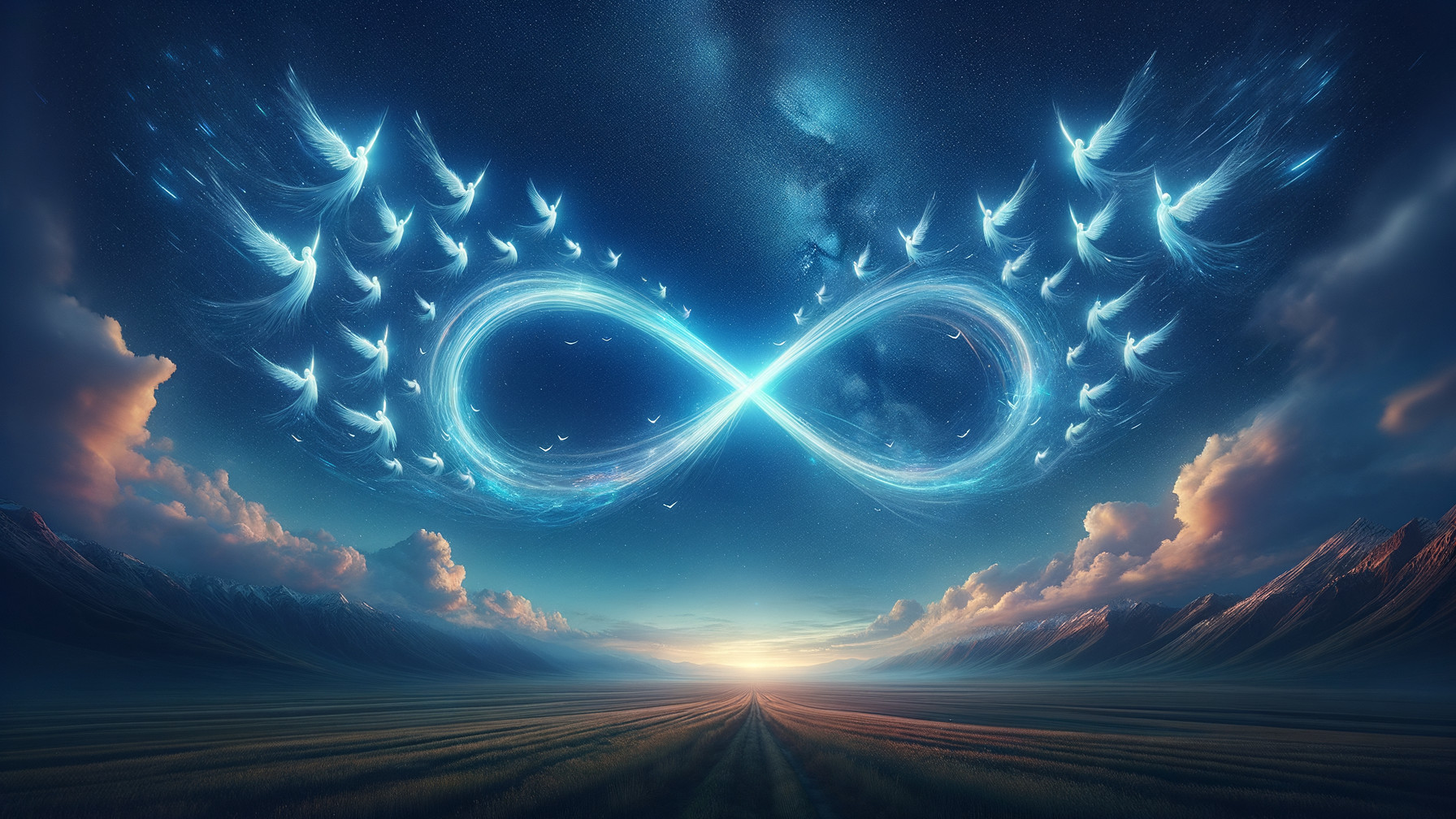 Infinity Symbol of Glowing Feathers Against Twilight Sky